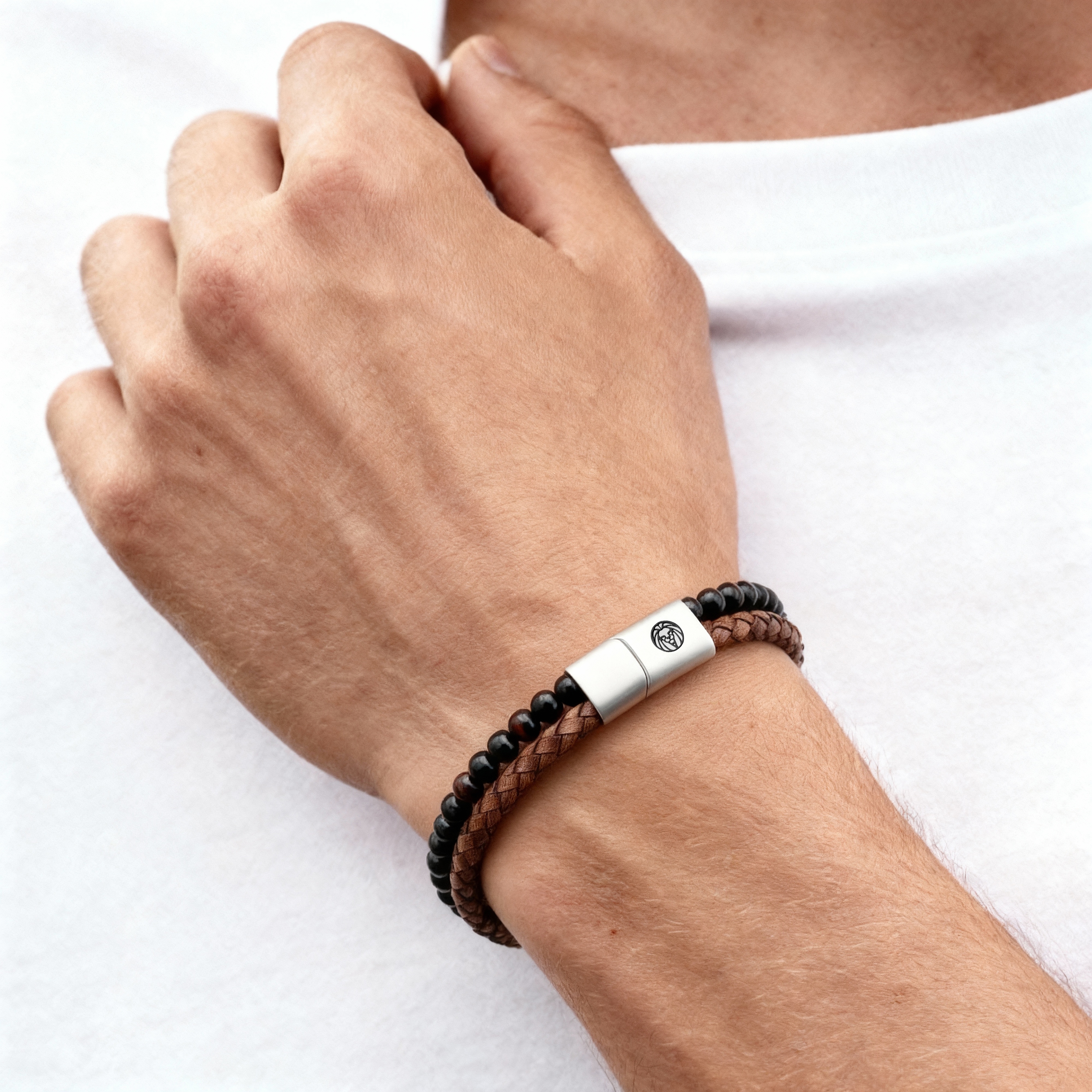 Red Tiger’s Eye, Onyx, and Vintage Leather Icon Bracelet - 2