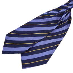 Silkekravat med Marineblå-, Pastelblå- og Guldstriber