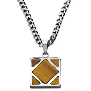 Cruz | Collier en acier inoxydable argenté avec pendentif carré d'œil de tigre Cruz | Collier en acier inoxydable argenté avec pendentif carré d'œil de tigre