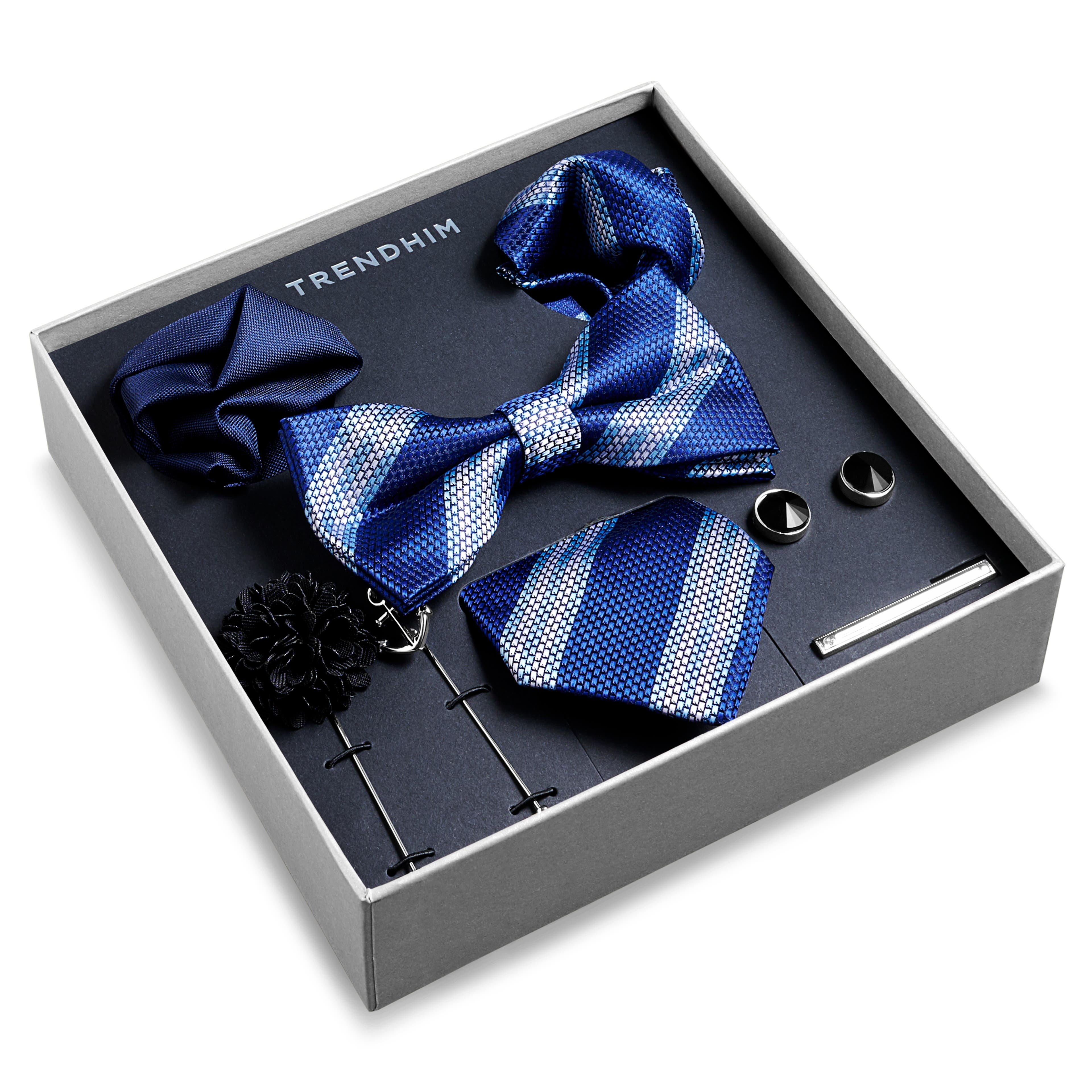 Подаръчна кутия с аксесоари за костюм | Раиран комплект в синьо и сребристо