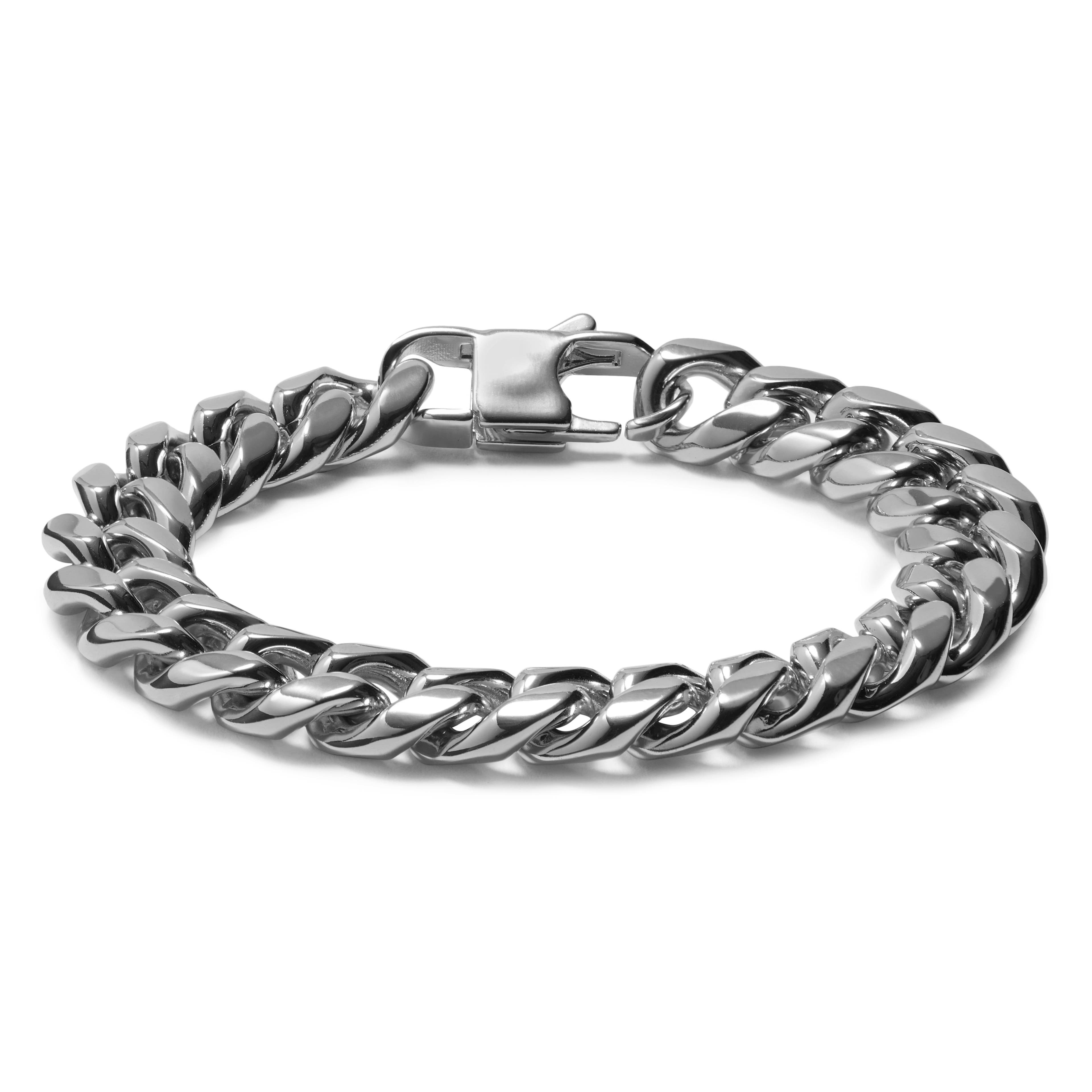 12mm Silver-Tone Stainless Steel Curb Chain Bracelet