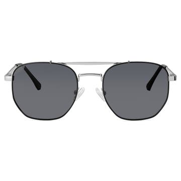 Silver-Tone & Black Stainless Steel Polarised Rectangular Aviator Sunglasses