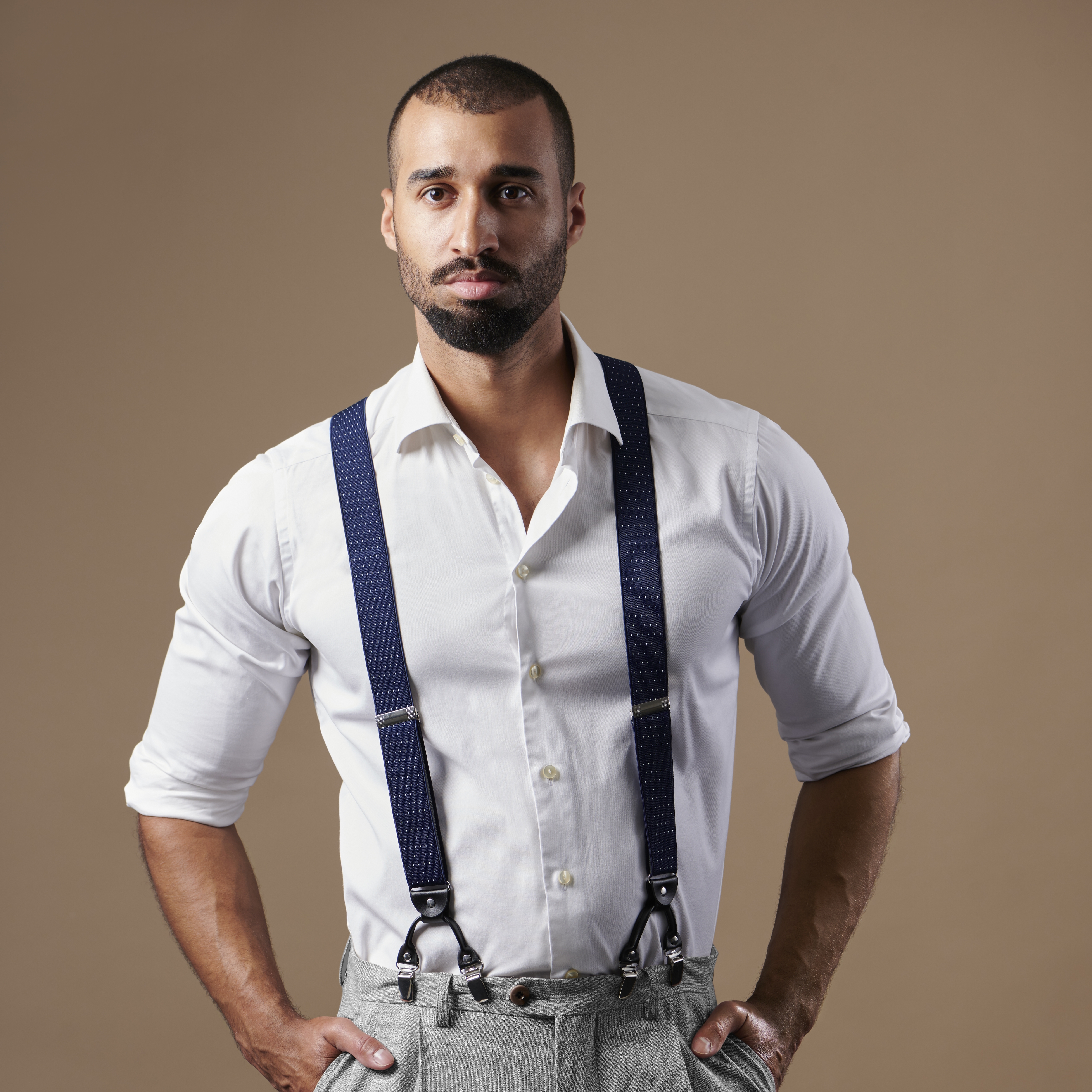 Széles tengerészkék-fehér pöttyös, dupla kapcsos Y nadrágtartó - 6