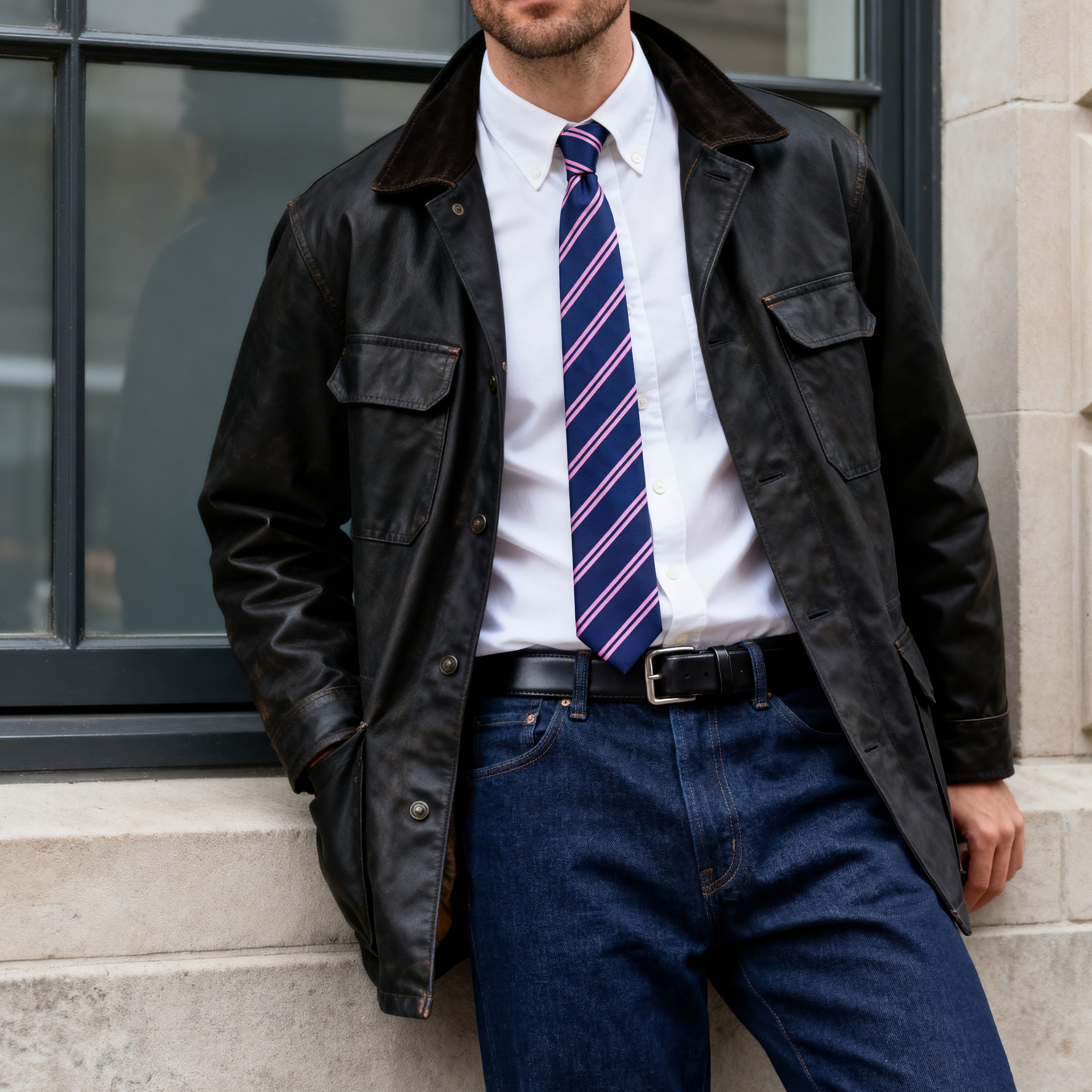 Ciemnogranatowy krawat jedwabny w podwójne różowe paski 8 cm - 3