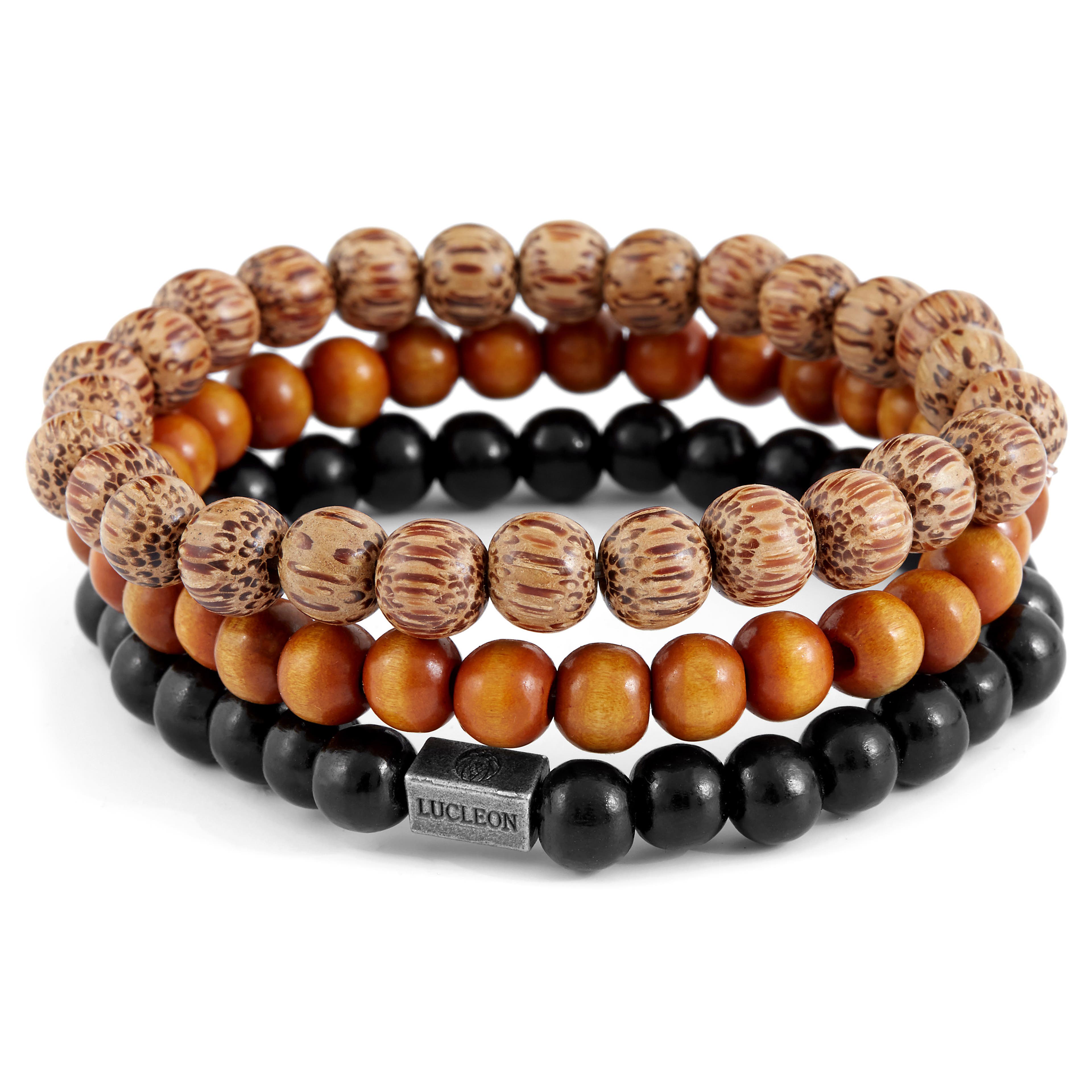 Black, Orange & Tan Wood Bead Bracelet