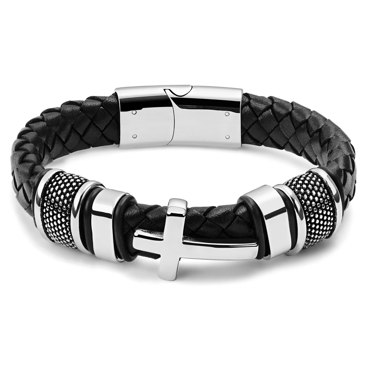 Black Braided Silver-Tone Stainless Steel Cross Bracelet Black Braided Silver-Tone Stainless Steel Cross Bracelet