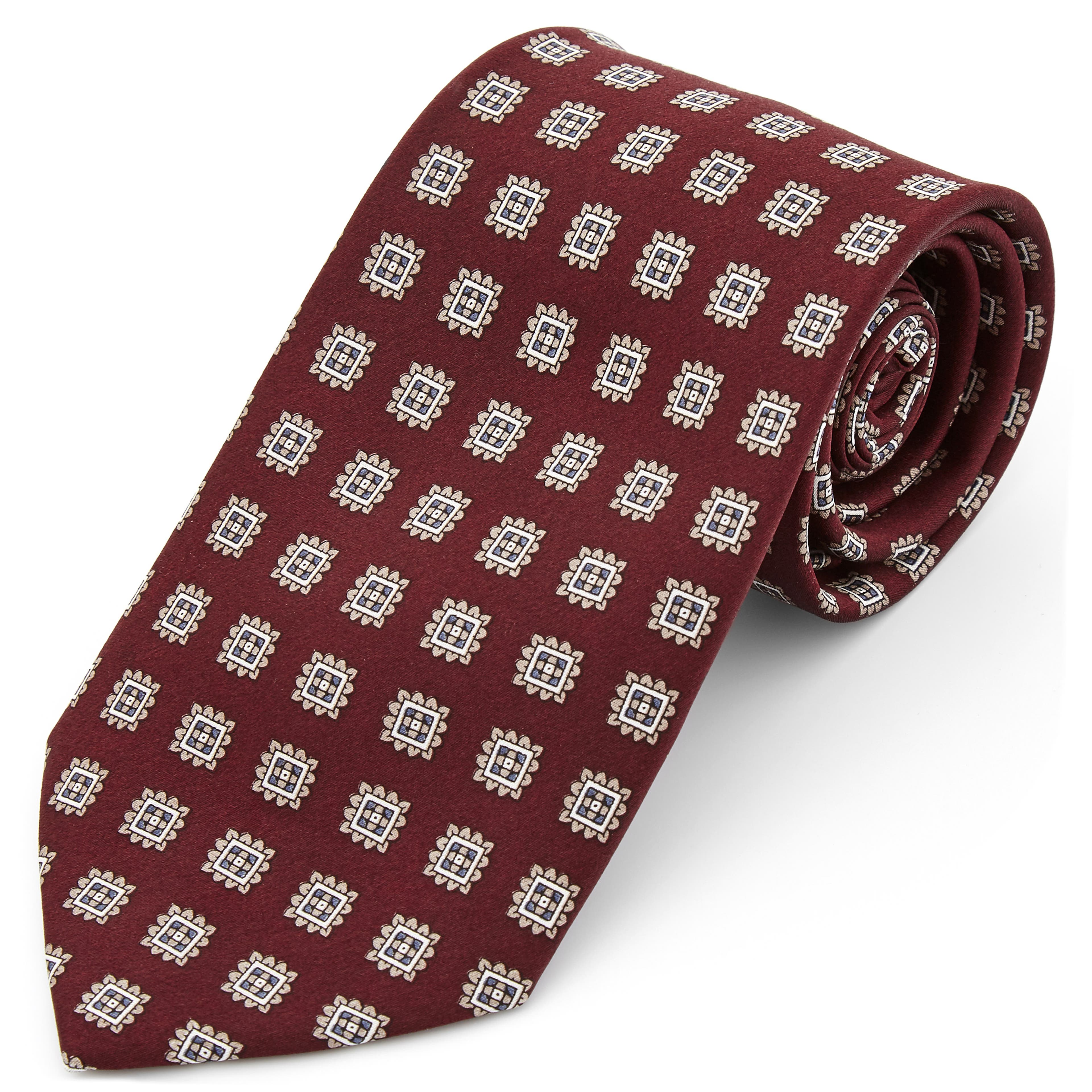 Szeroki burgundowy krawat z jedwabiu w geometryczne wzory