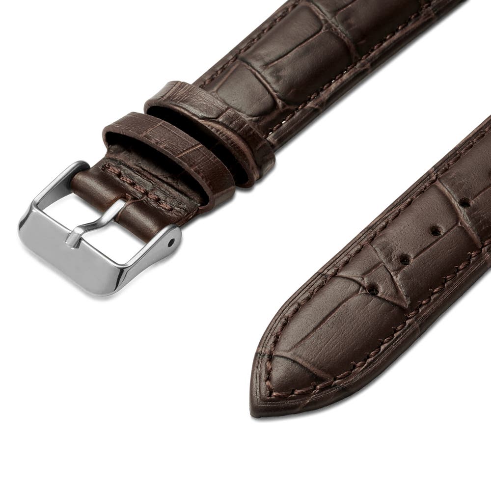 hover: 18mm Crocodile-Embossed Dark-Brown Leather Watch Strap with Silver-Tone Buckle – Quick Release hover: 18mm Crocodile-Embossed Dark-Brown Leather Watch Strap with Silver-Tone Buckle – Quick Release