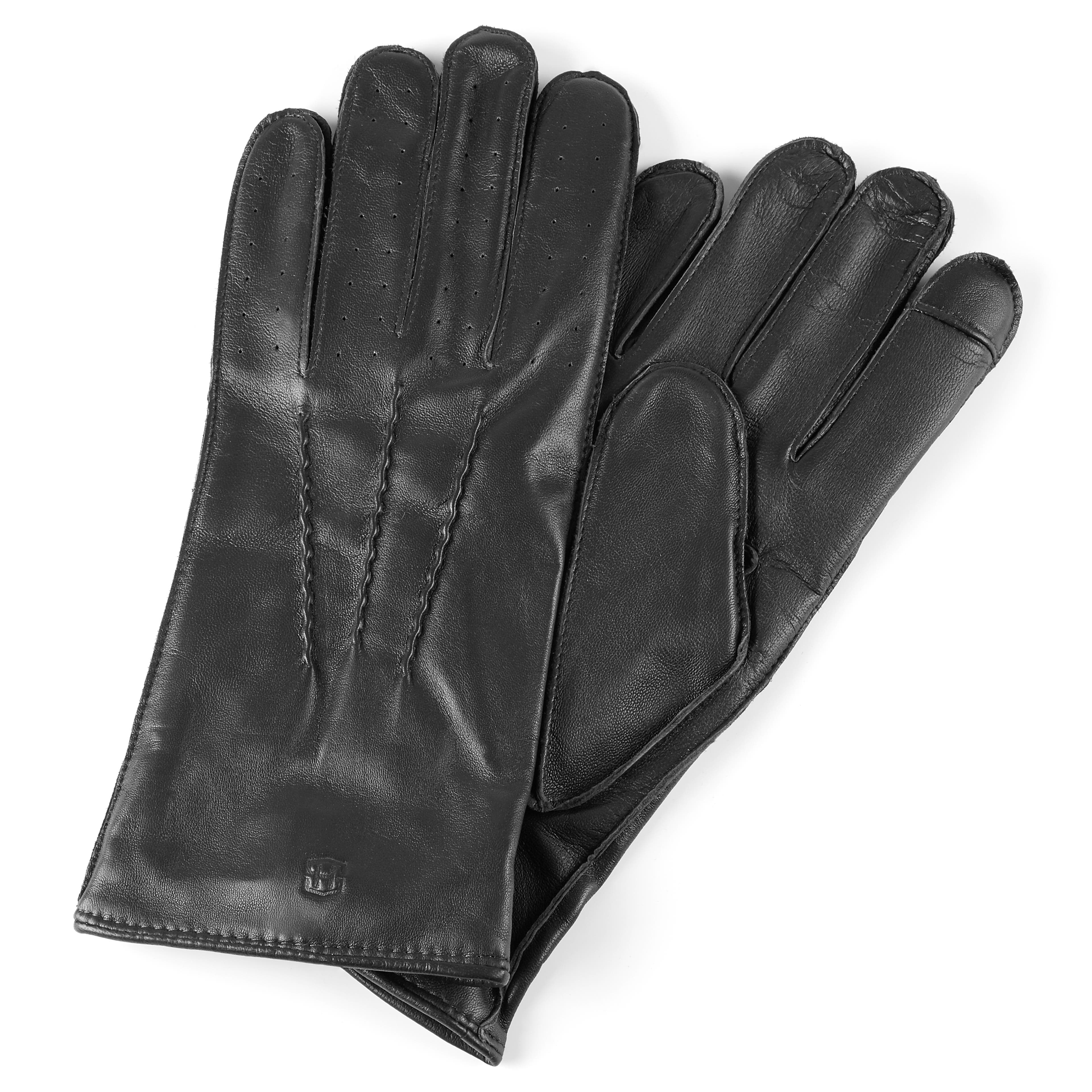 Cuffed Black Perforated Touchscreen Compatible Sheep leather Gloves