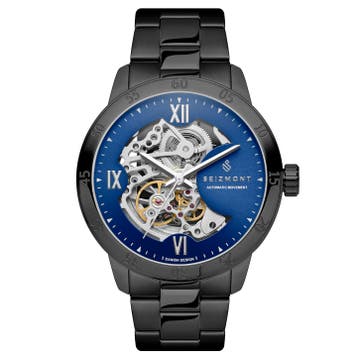 Dante II | Czarny zegarek z widocznym mechanizmem i niebieską tarczą