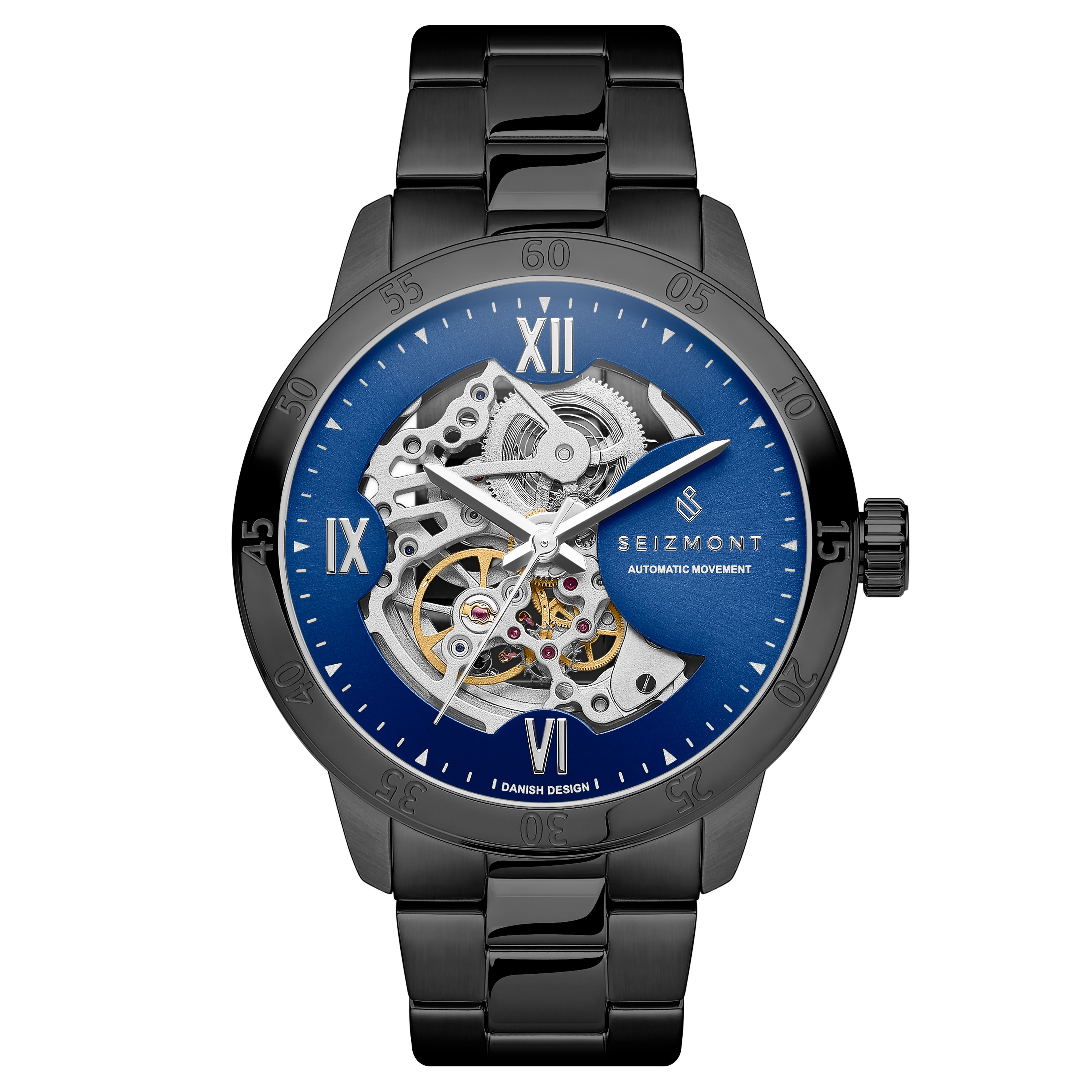 Dante II | Black Stainless Steel Skeleton Watch With Blue Dial