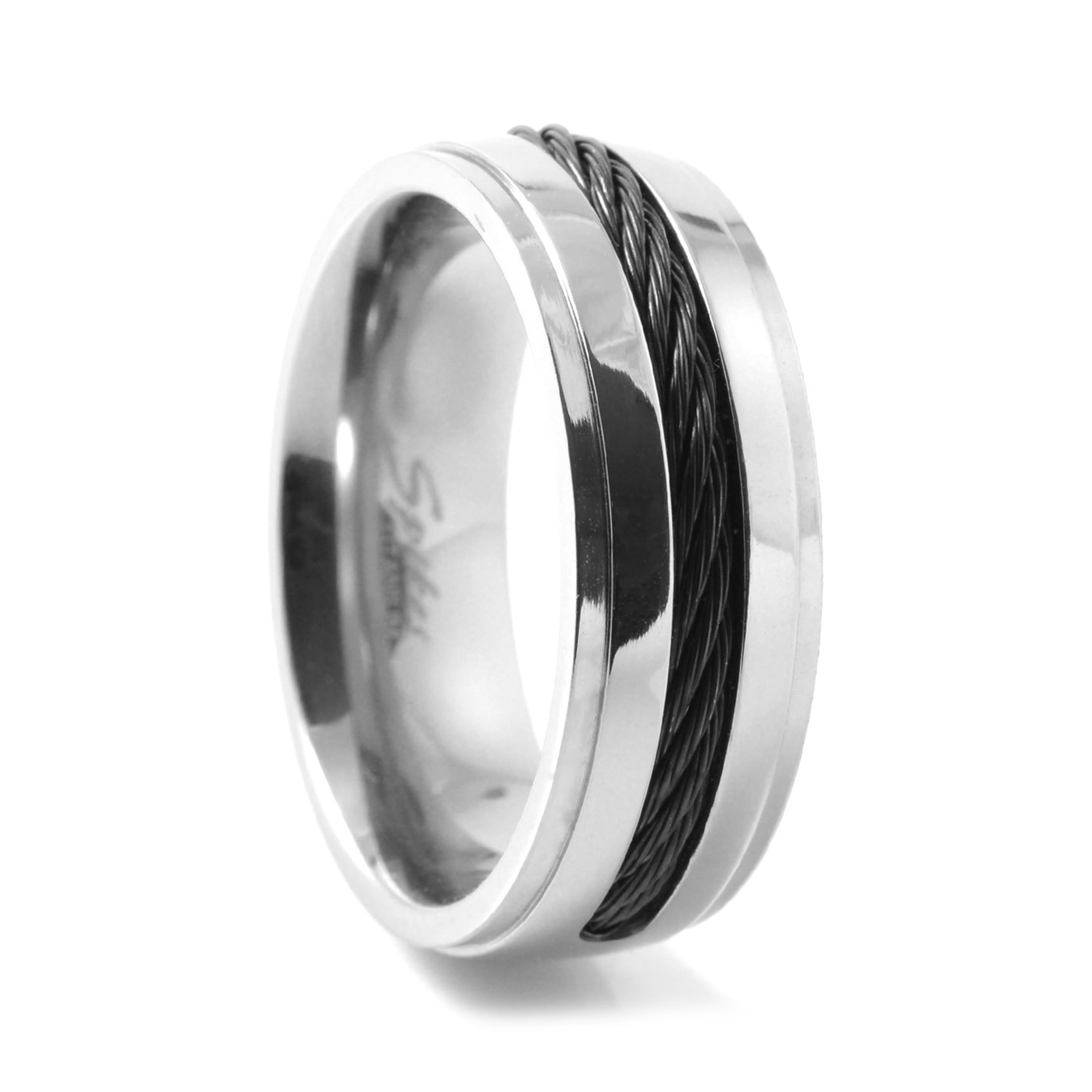 8 mm Silver-Tone & Black Titanium Wire Ring