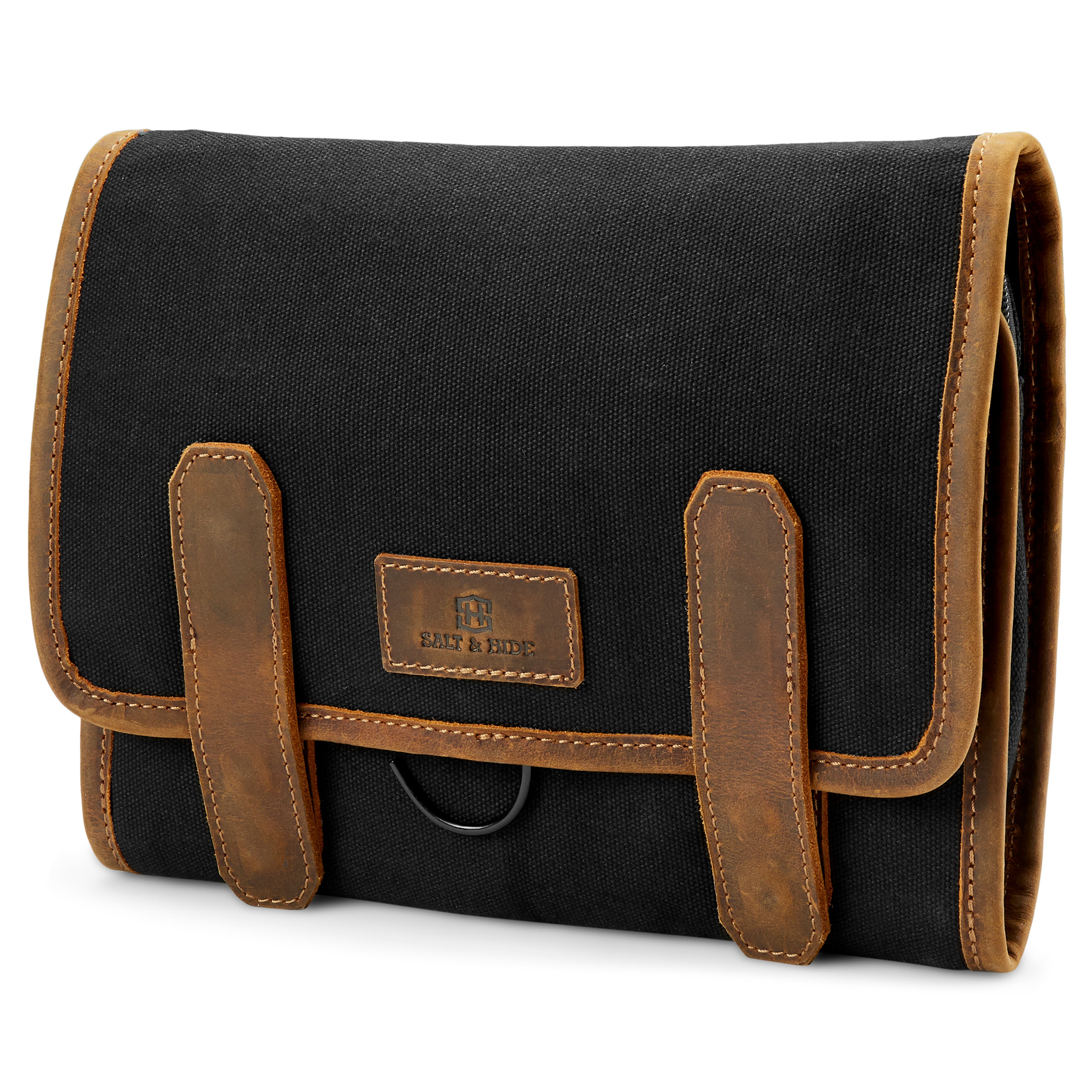 Tarpa | Black Canvas & Tan Leather Wash Bag