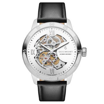 Dante II | Srebrzysty zegarek z widocznym mechanizmem z czarnym paskiem skórzanym