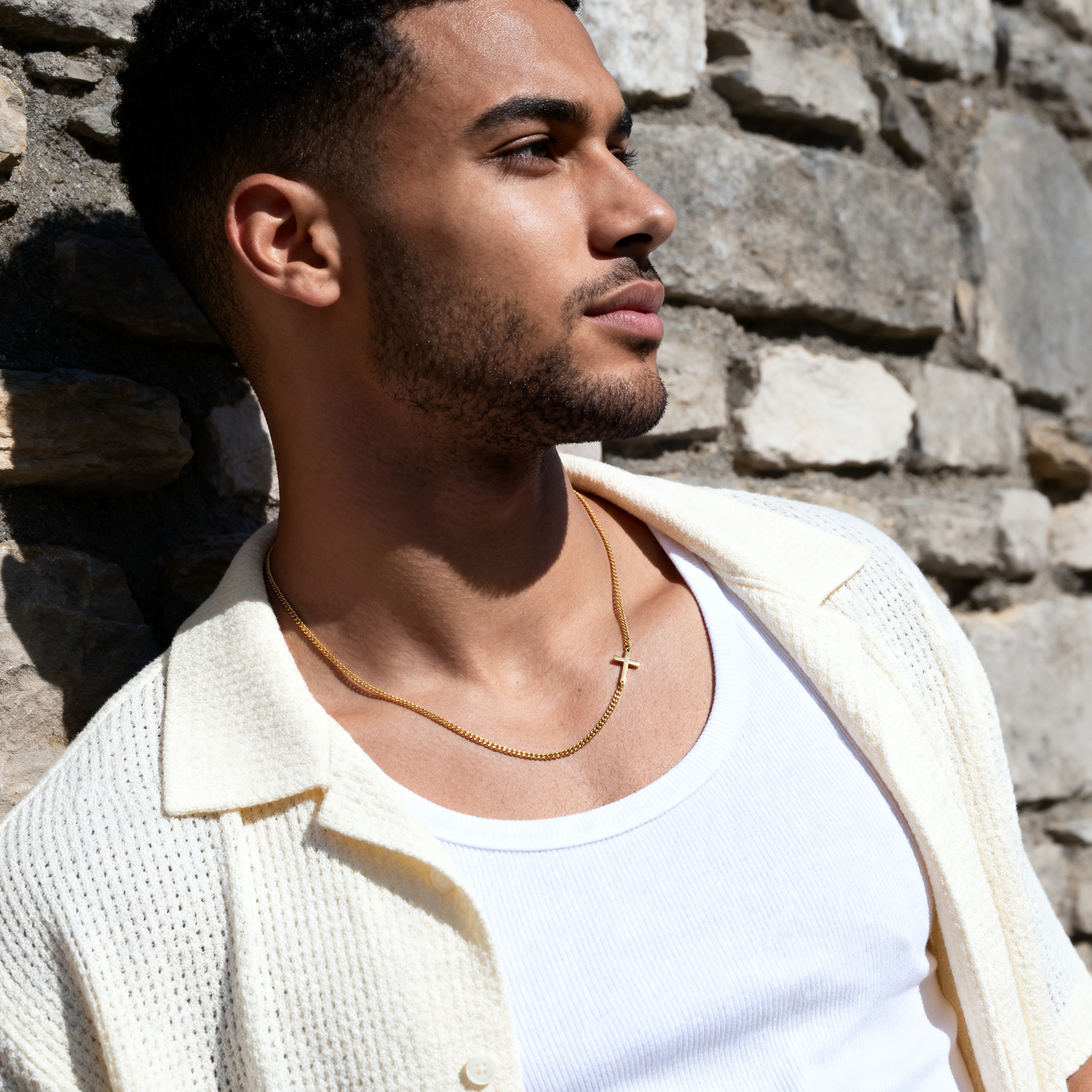 New Classics | 2mm Gold-Tone Stainless Steel Curb Chain Cross Necklace - 3