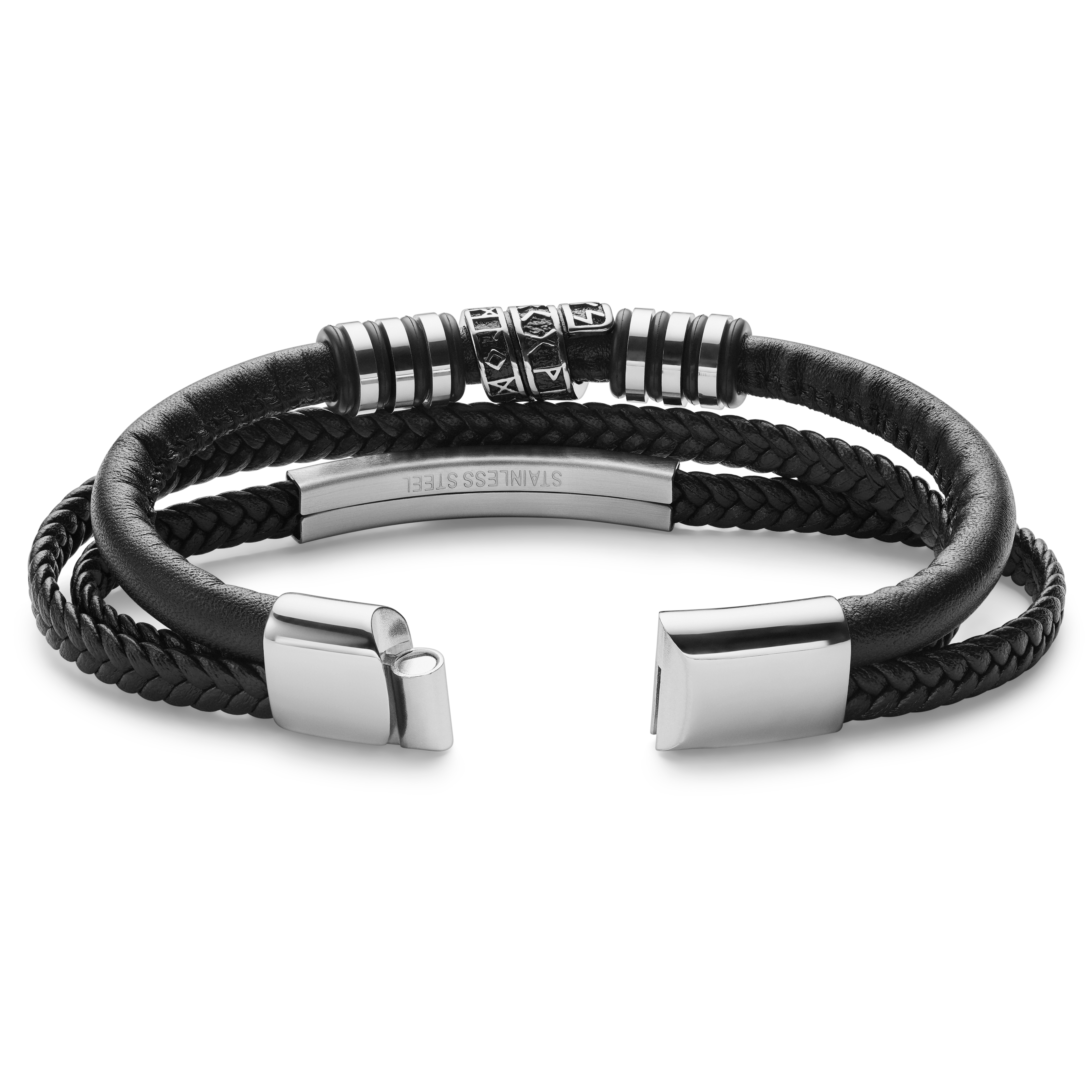 Silver-Tone Stainless Steel & Faux Leather Runes ID Bracelet - 2