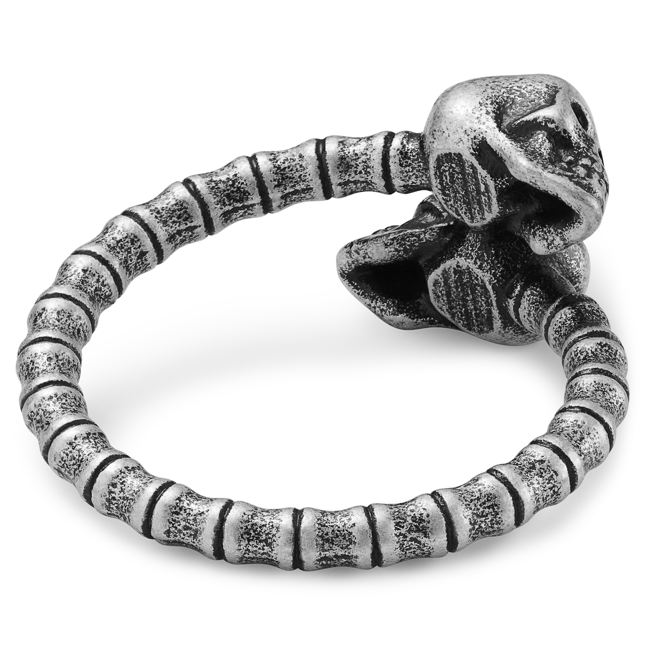 Aspero | Ezüst tónusú rozsdamentes acélgyűrű, egymásba hajtott koponyákkal - 3