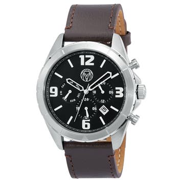 Alton | Silver-Tone Chronograph Watch With Black Dial & Chocolate Brown Leather Strap