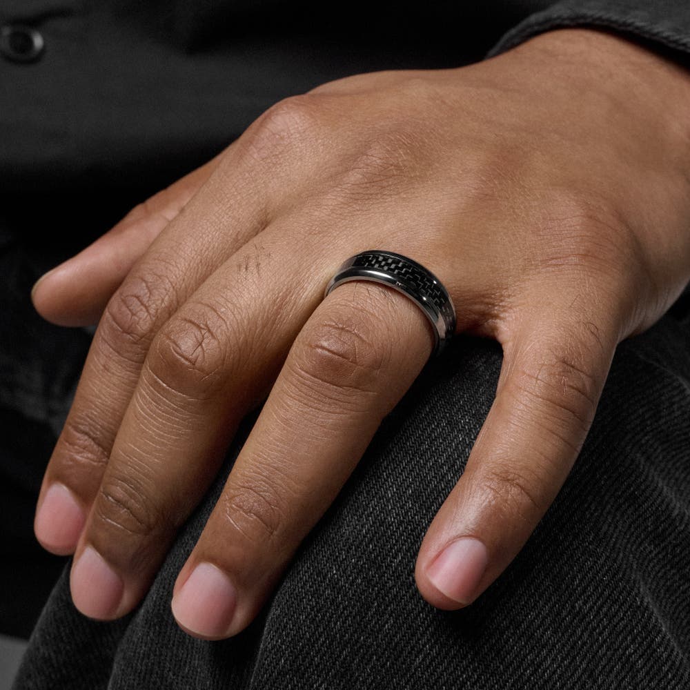 hover: Hyperan | 8 mm Silver-tone Titanium Ring with Carbon Fibre Inlay hover: Hyperan | 8 mm Silver-tone Titanium Ring with Carbon Fibre Inlay