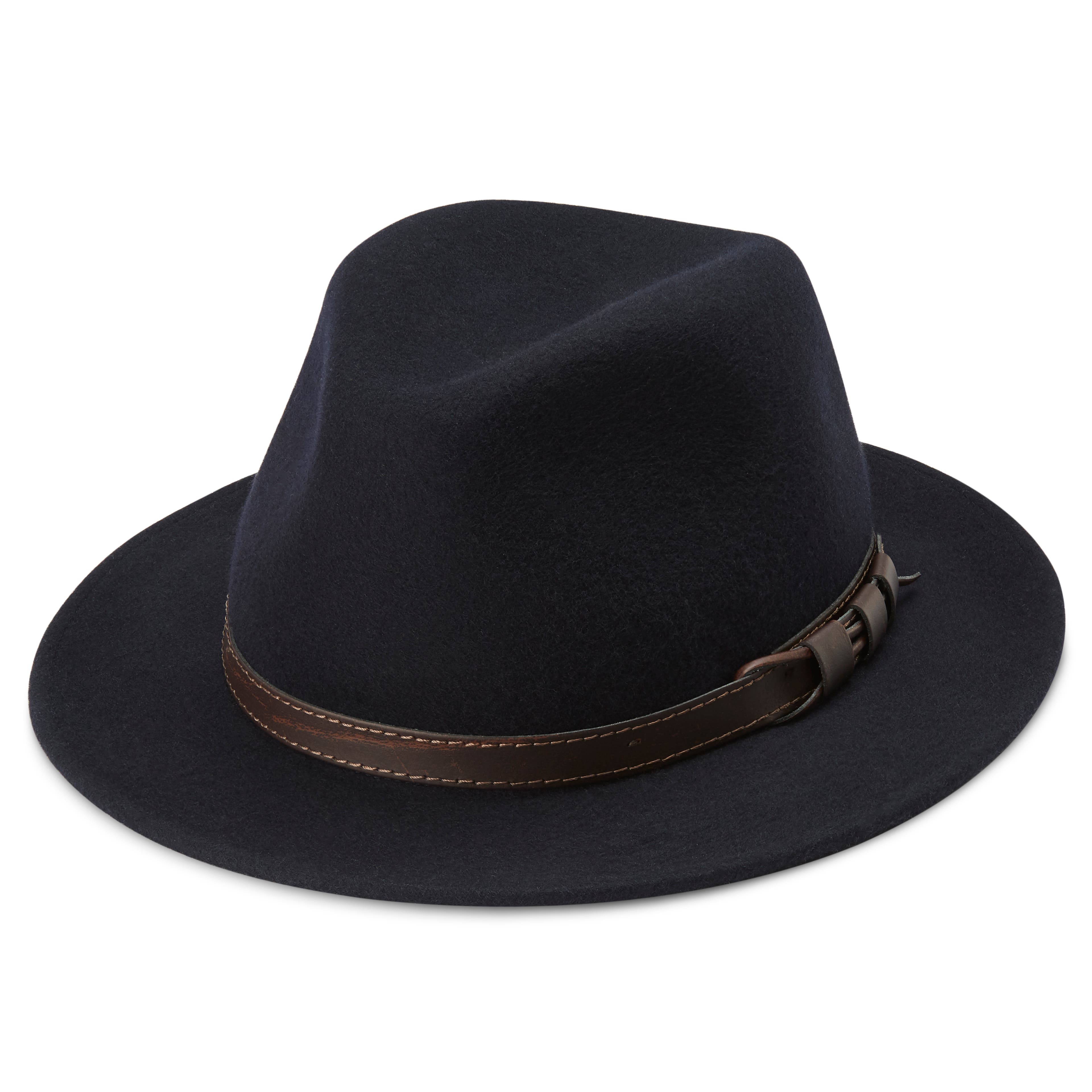 Moda | Navy Blue Wool Flat Brim Fedora Hat