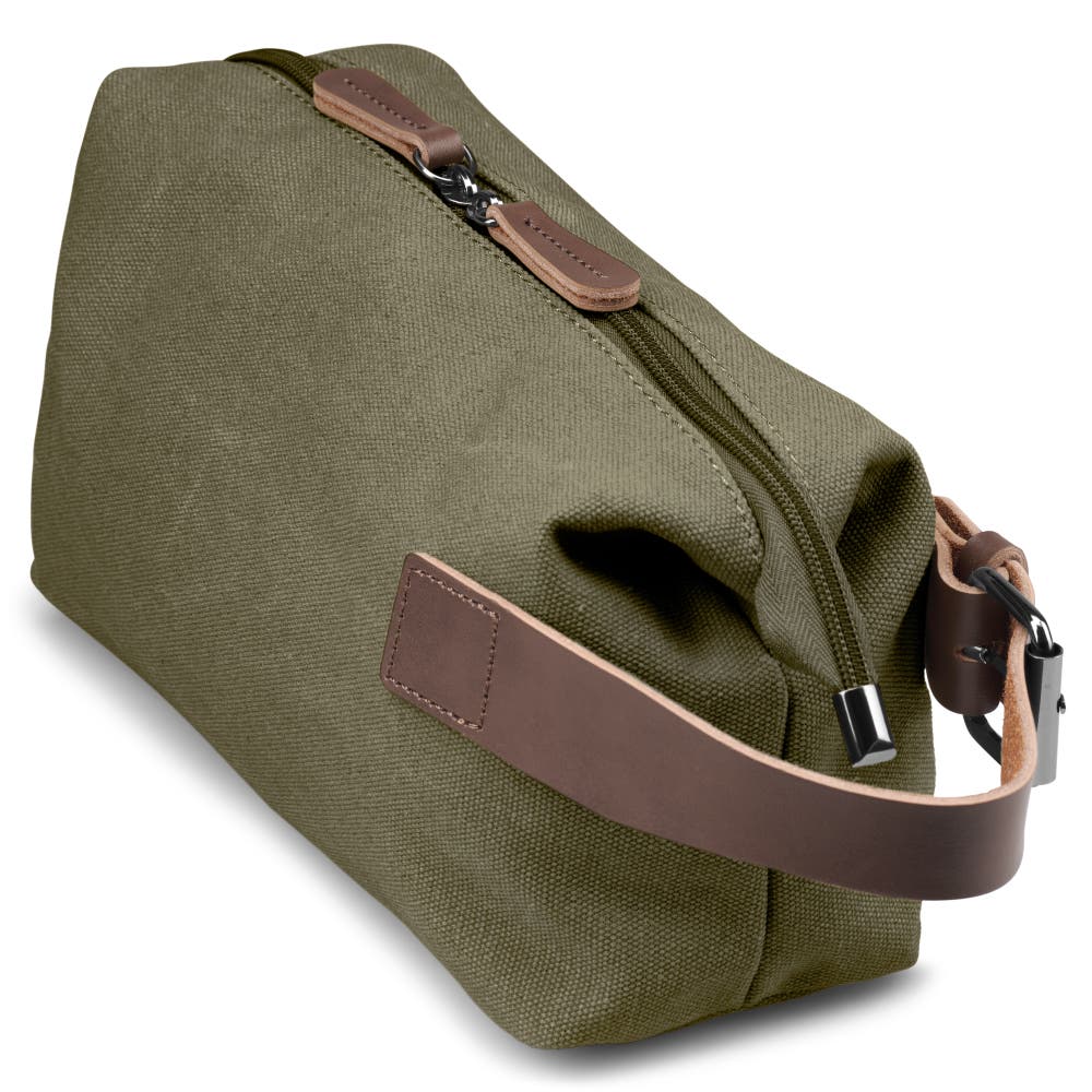 hover: Army Green Canvas & Brown Leather Toiletry Bag hover: Army Green Canvas & Brown Leather Toiletry Bag