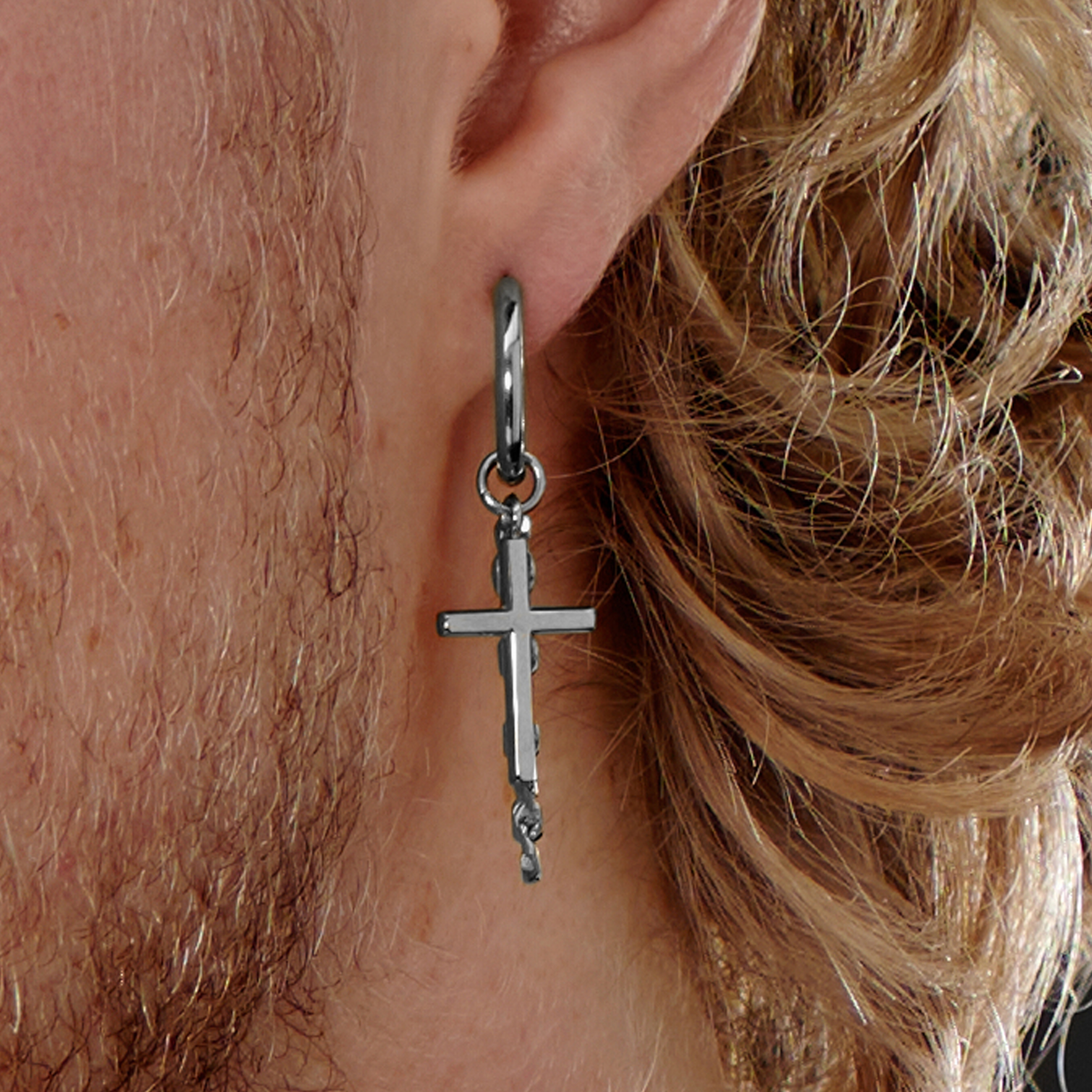 Icon Brand hoop earrings with cross charms in silver