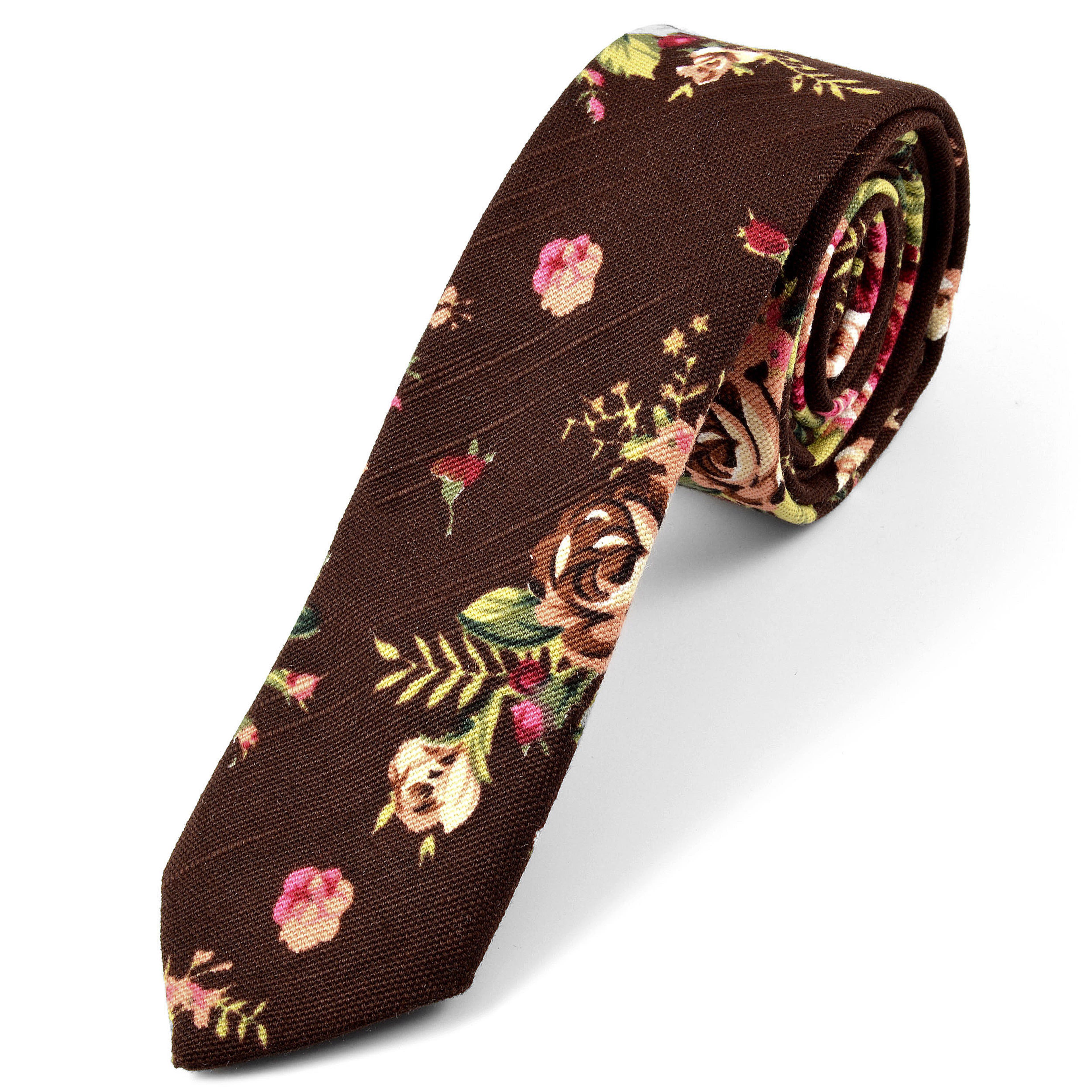 Corbata en lino marrón floral