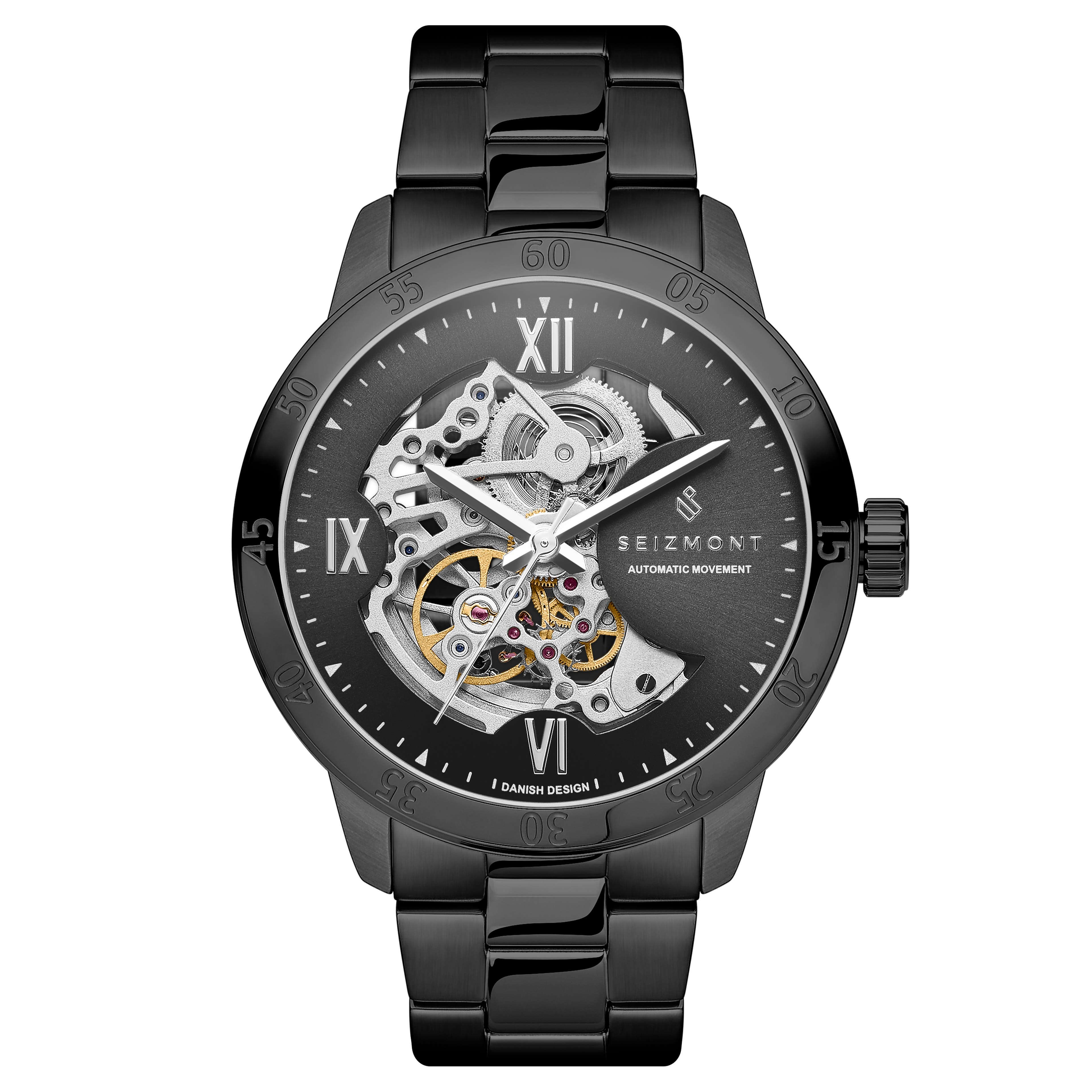 Dante II | Schwarze Skelettuhr mit silberfarbenem Uhrwerk
