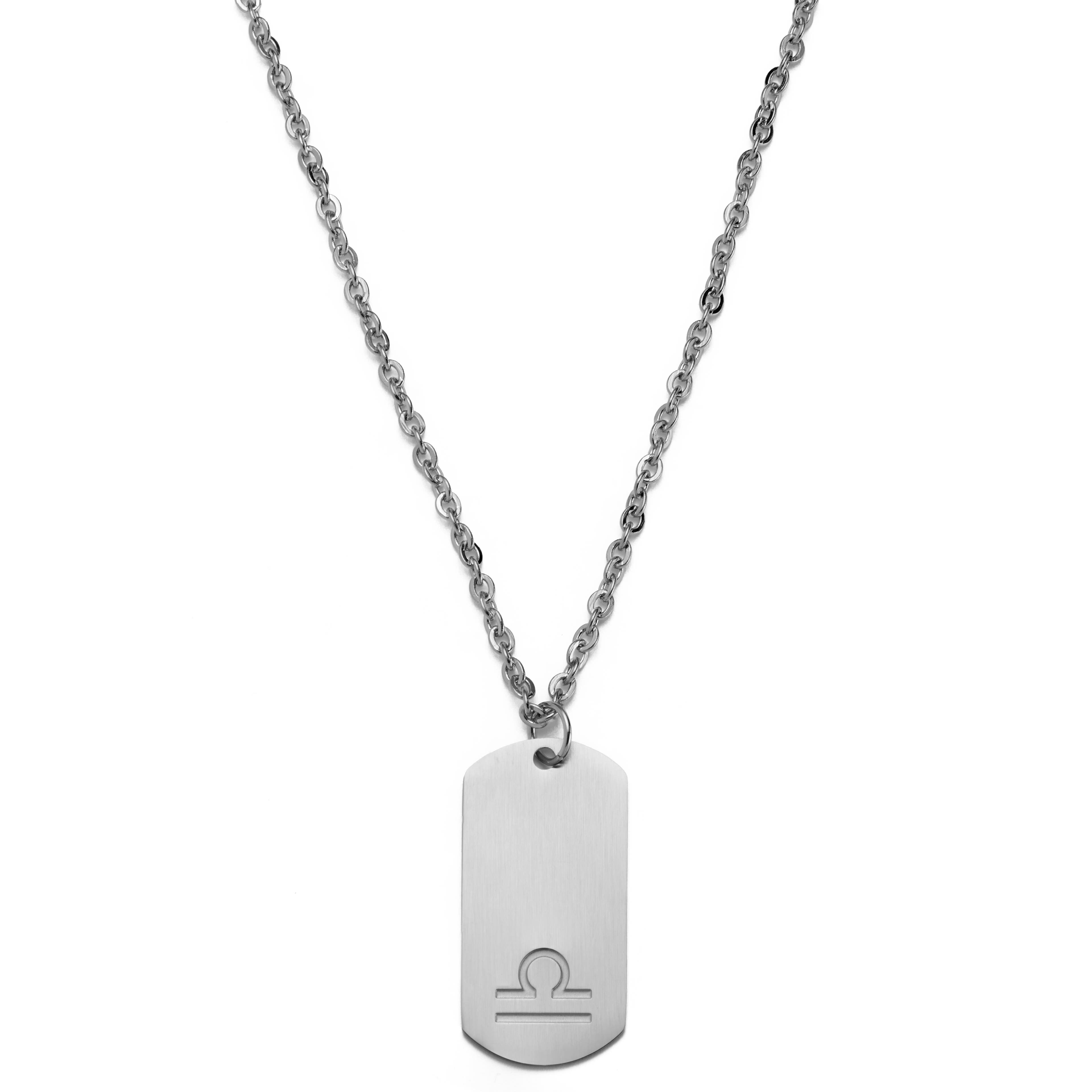 Zodiac | Silver-Tone Stainless Steel Libra Star Sign Dog Tag Cable Chain Necklace