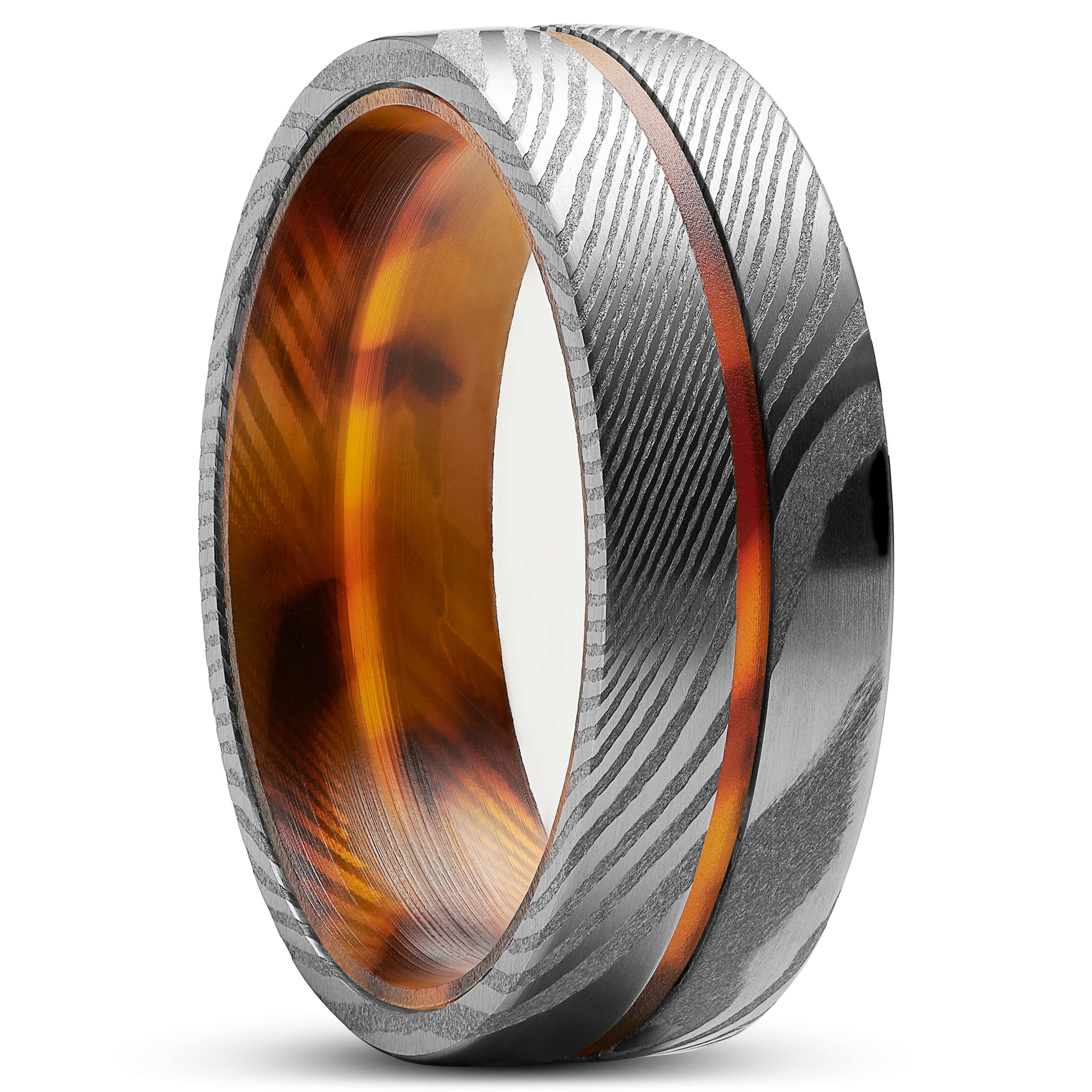 Tristan Damascus Steel and Tiger Eye Ring