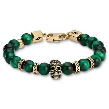 Rico | Brățară verde cu pietre ochi de tigru și craniu auriu din oțel inoxidabil