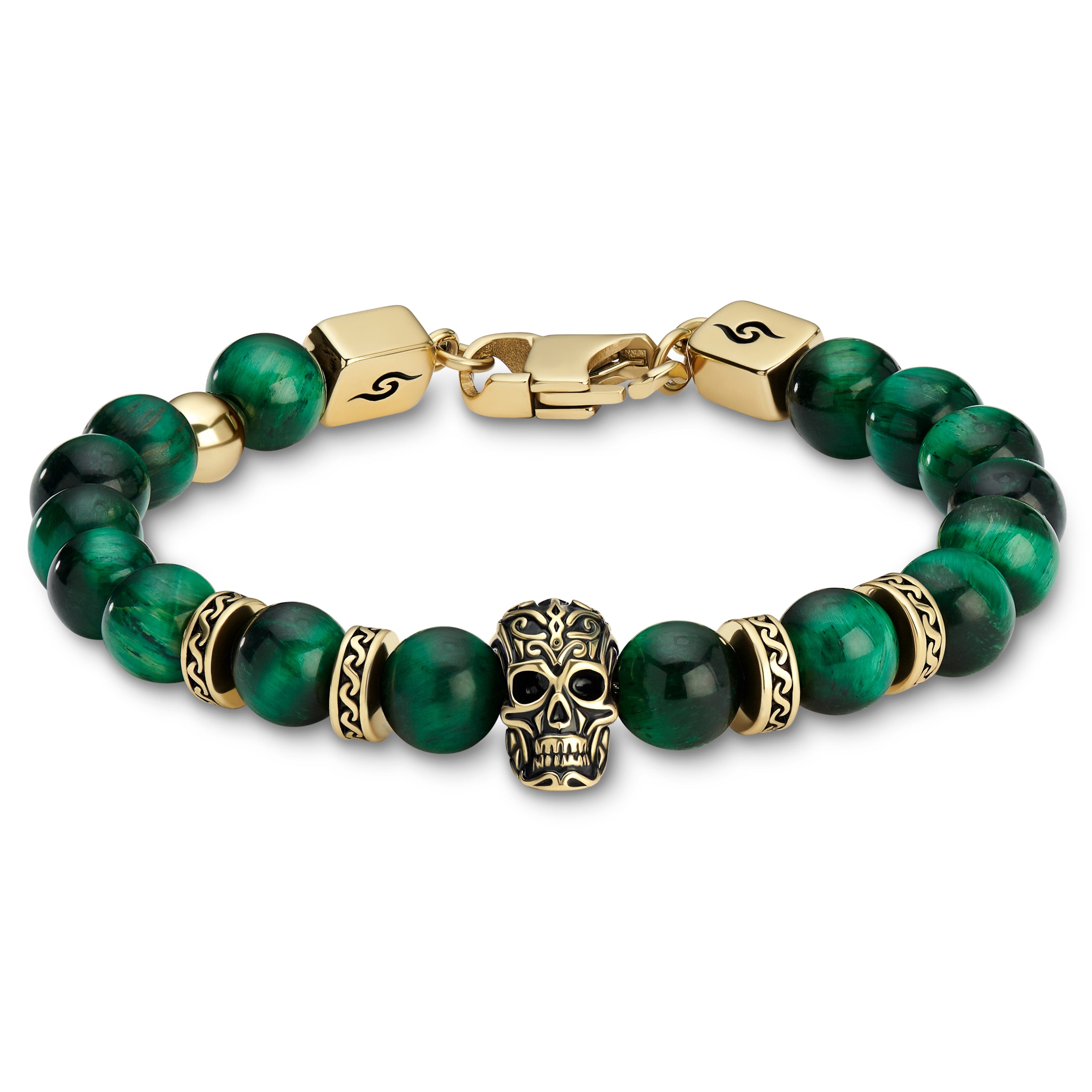 Rico | Green Tiger's Eye & Gold-Tone Stainless Steel Skull Bracelet
