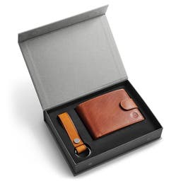 Подаръчна кутия с портфейл от светлокафява биволска кожа с RFID защита