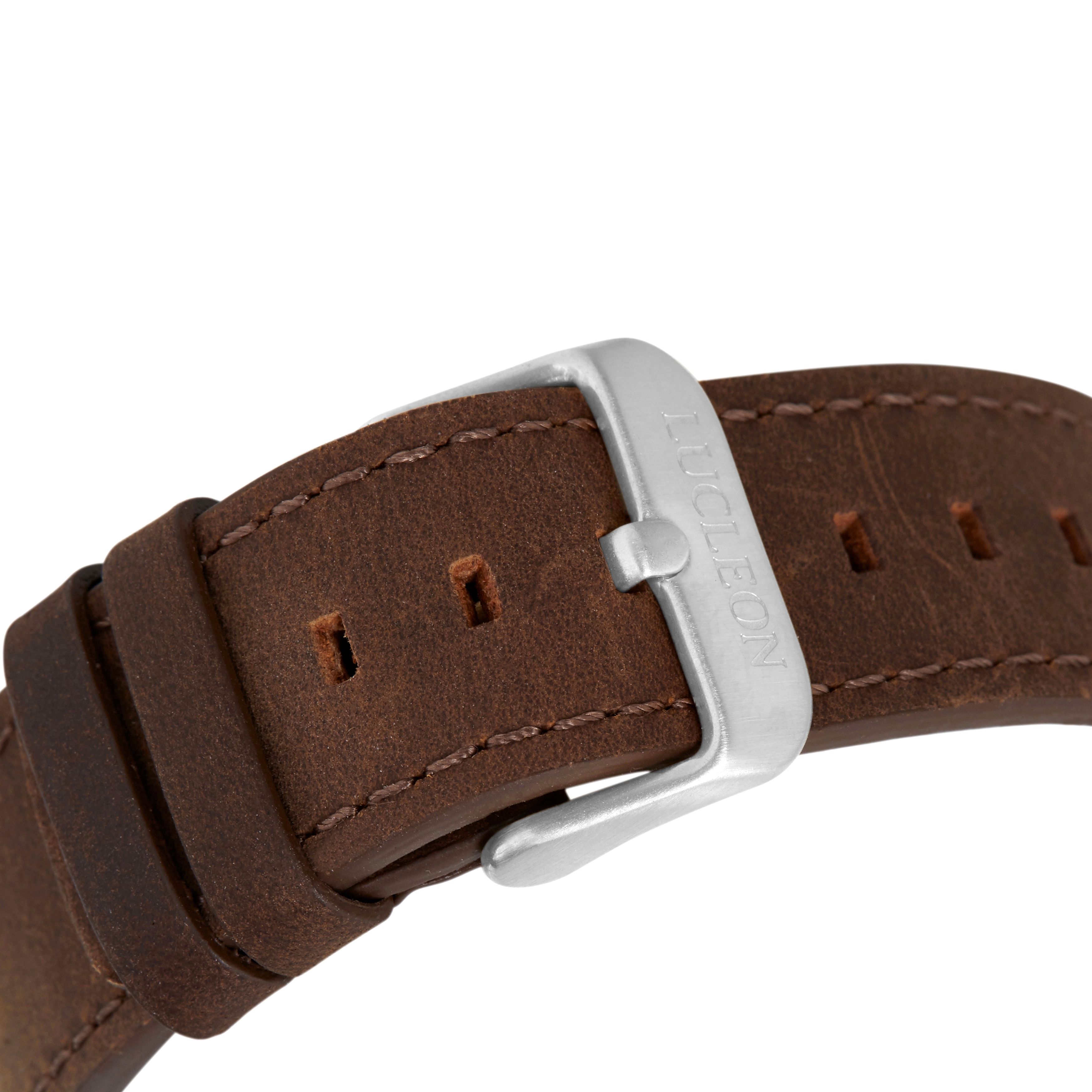 Major | Silver-Tone Minimalist Watch With Gold-Tone Dial & Brown Leather Strap - 5