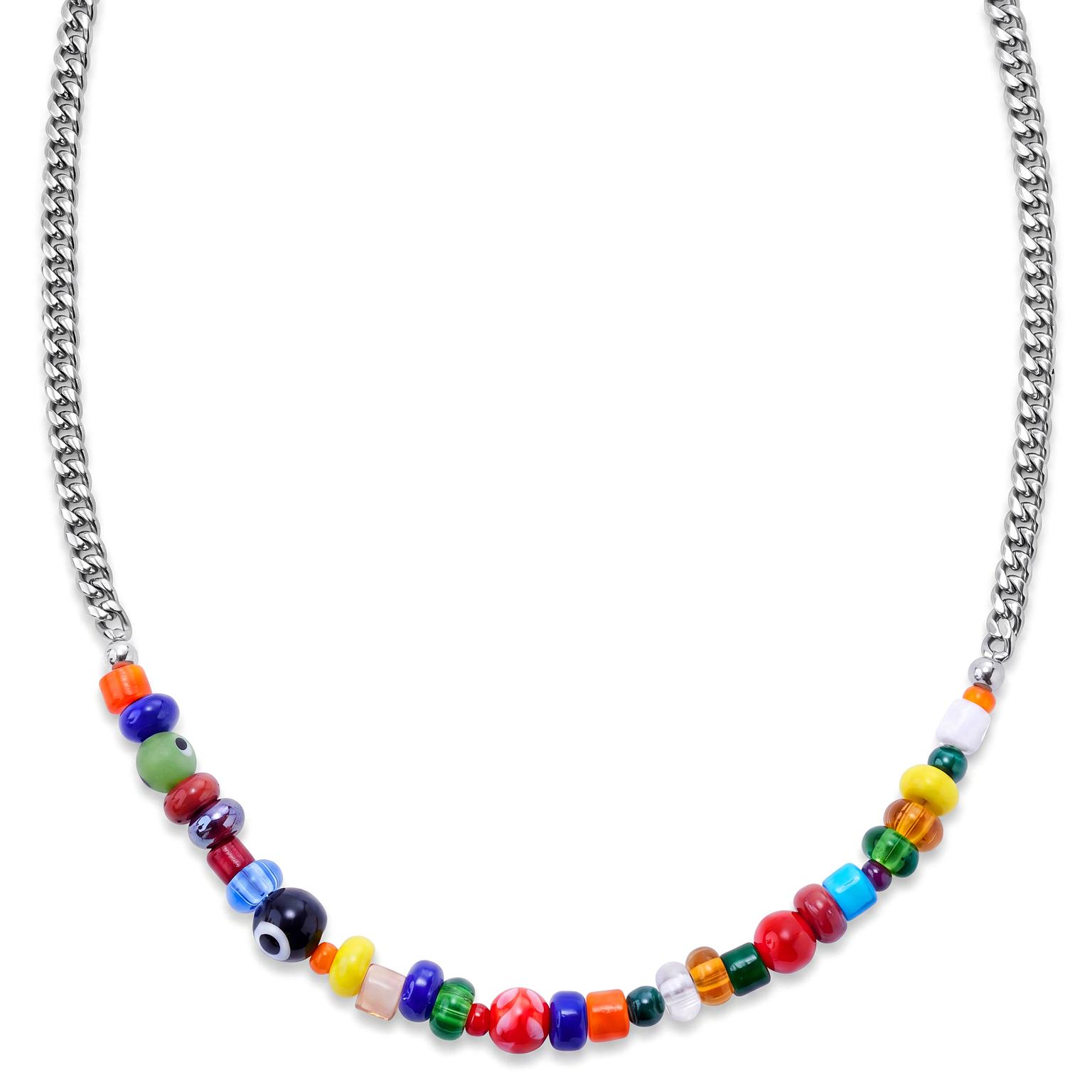 Pearlmania | Evil Eye Multicolour Glass Bead & Stainless Steel Necklace Pearlmania | Evil Eye Multicolour Glass Bead & Stainless Steel Necklace