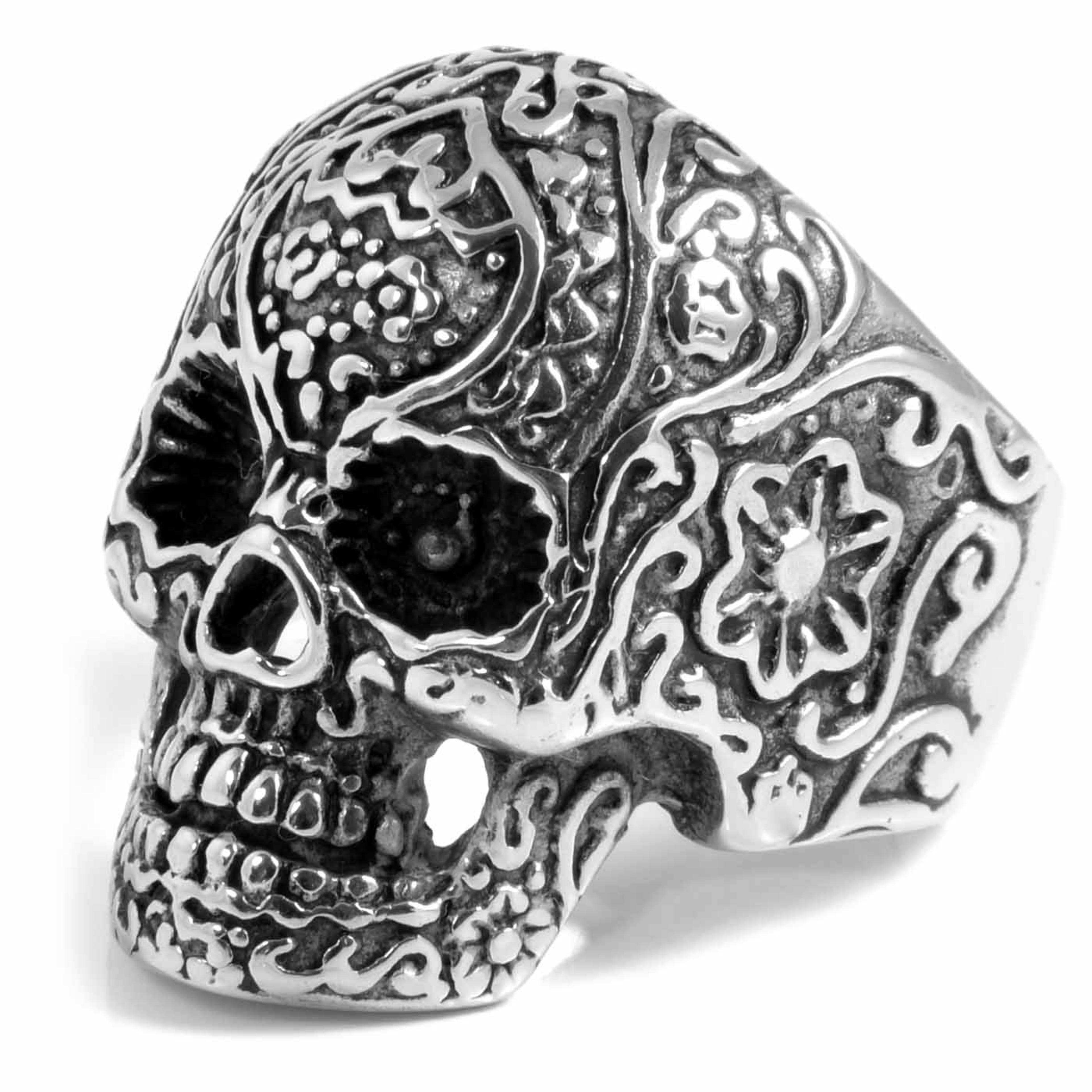 Silver-Tone Stainless Steel Detailed Skeleton Skull Ring