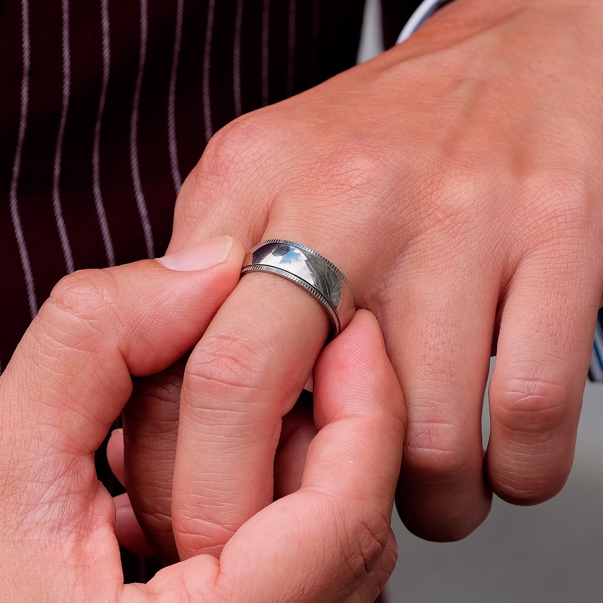 Grooved Edge Silver Titanium Ring - 3