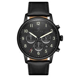 Pluto | Black Chronograph Watch With Black Dial & Black Leather Strap