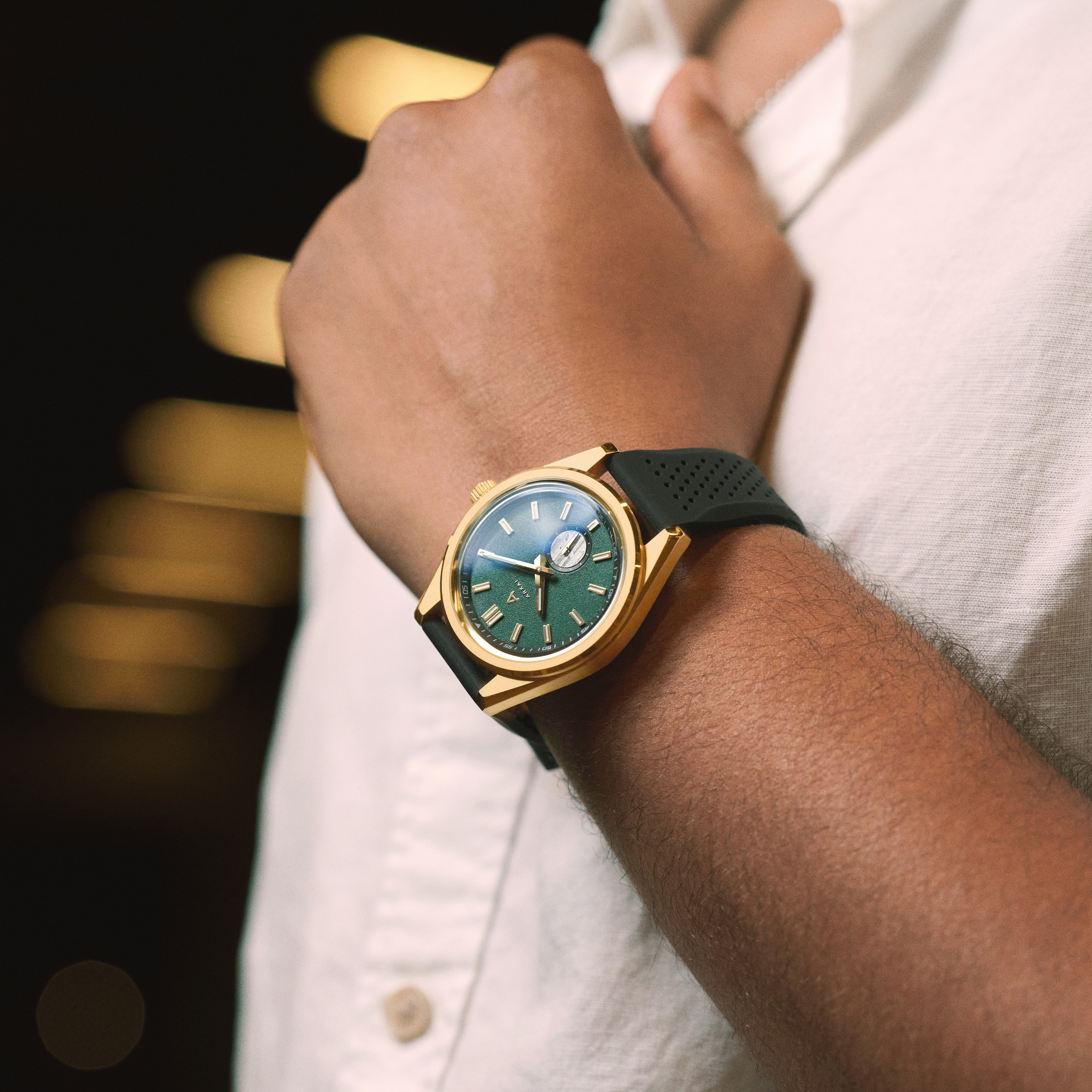 Mond | Χρυσαφί Ανοξείδωτο Ατσάλινο Ρολόι με Πράσινο Καντράν Meteorite - 4