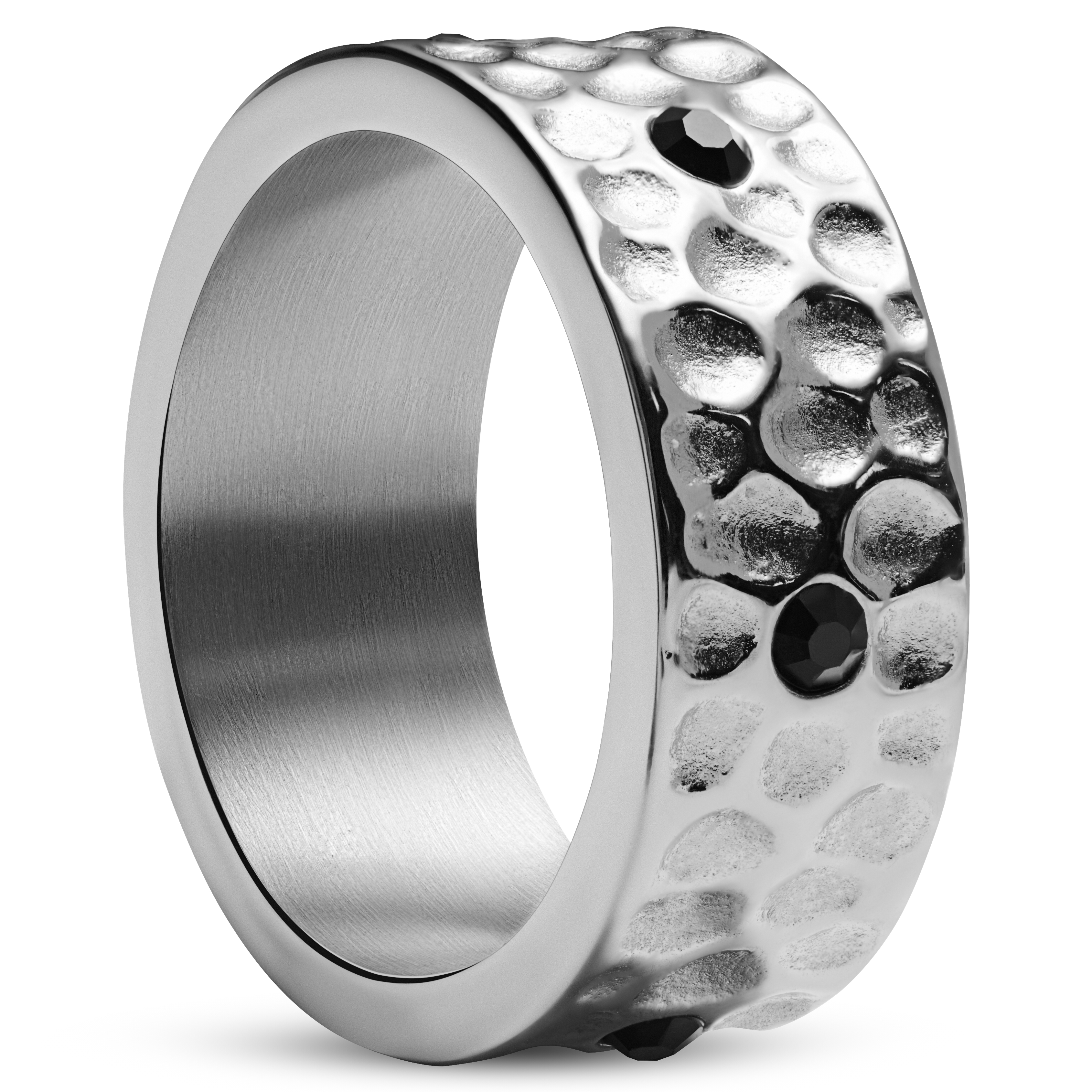 Orphic | 9 mm Zwarte Geslagen Zilverkleurige Roestvrijstalen Ring met Zirkonen - 1
