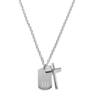 Silver-Tone Stainless Steel Dog Tag & Cross Cable Chain Necklace