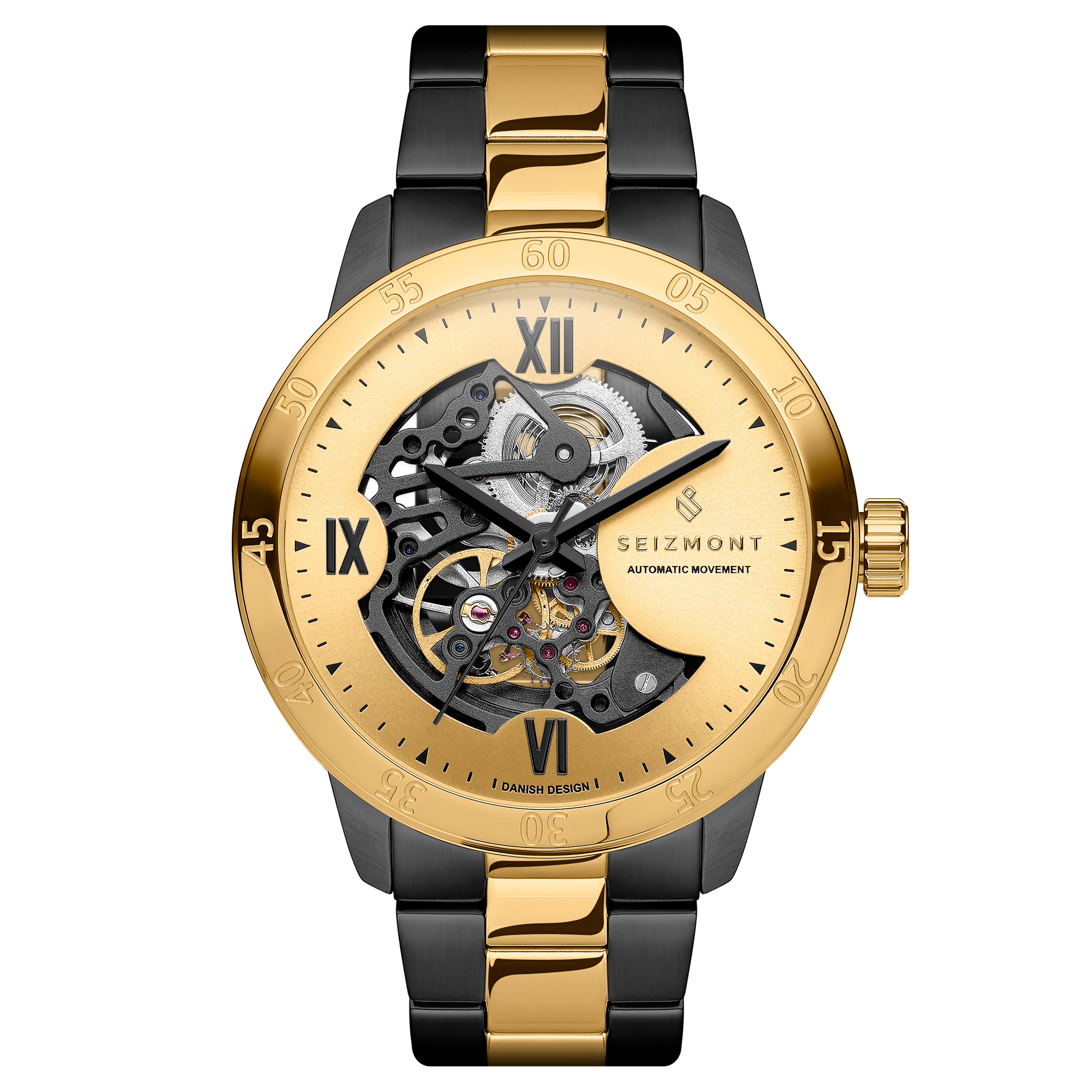 Dante II | Czarno-złocisty zegarek z widocznym mechanizmem