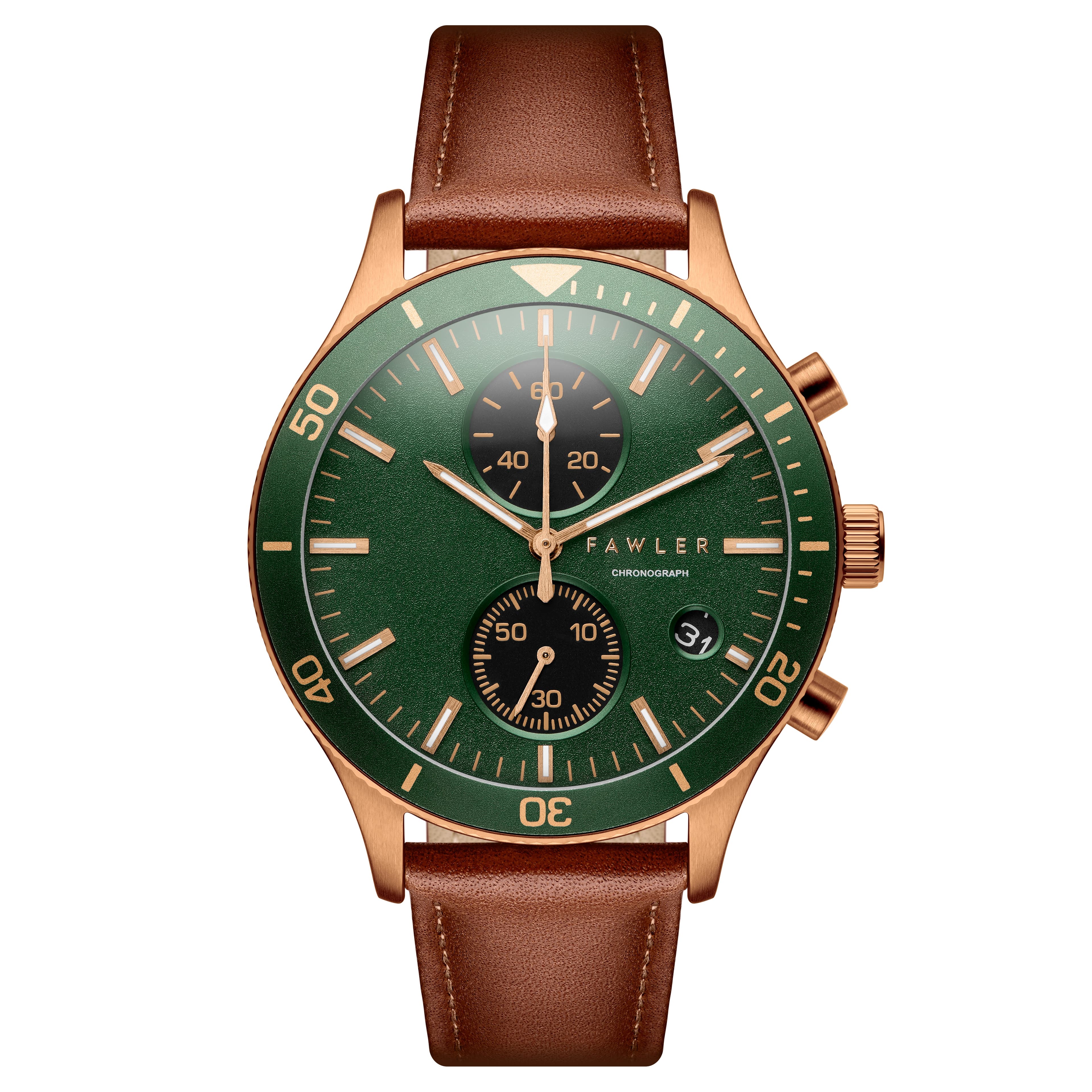 Aeris | Brown Brass Chronograph Watch with Green Dial