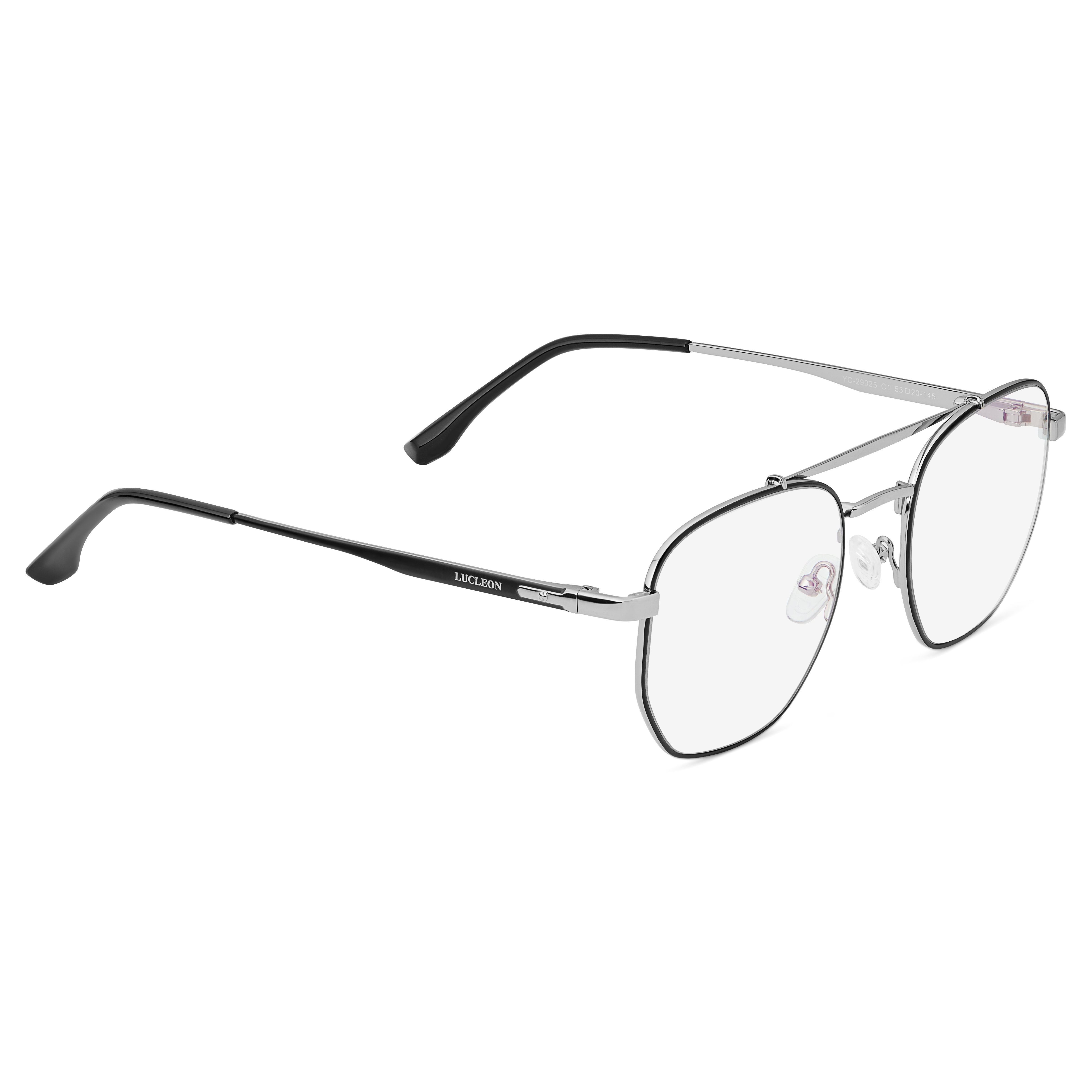 Ochelari negri stil aviator dreptunghiulari din oțel cu lentile transparente pentru filtrarea luminii albastre - 3