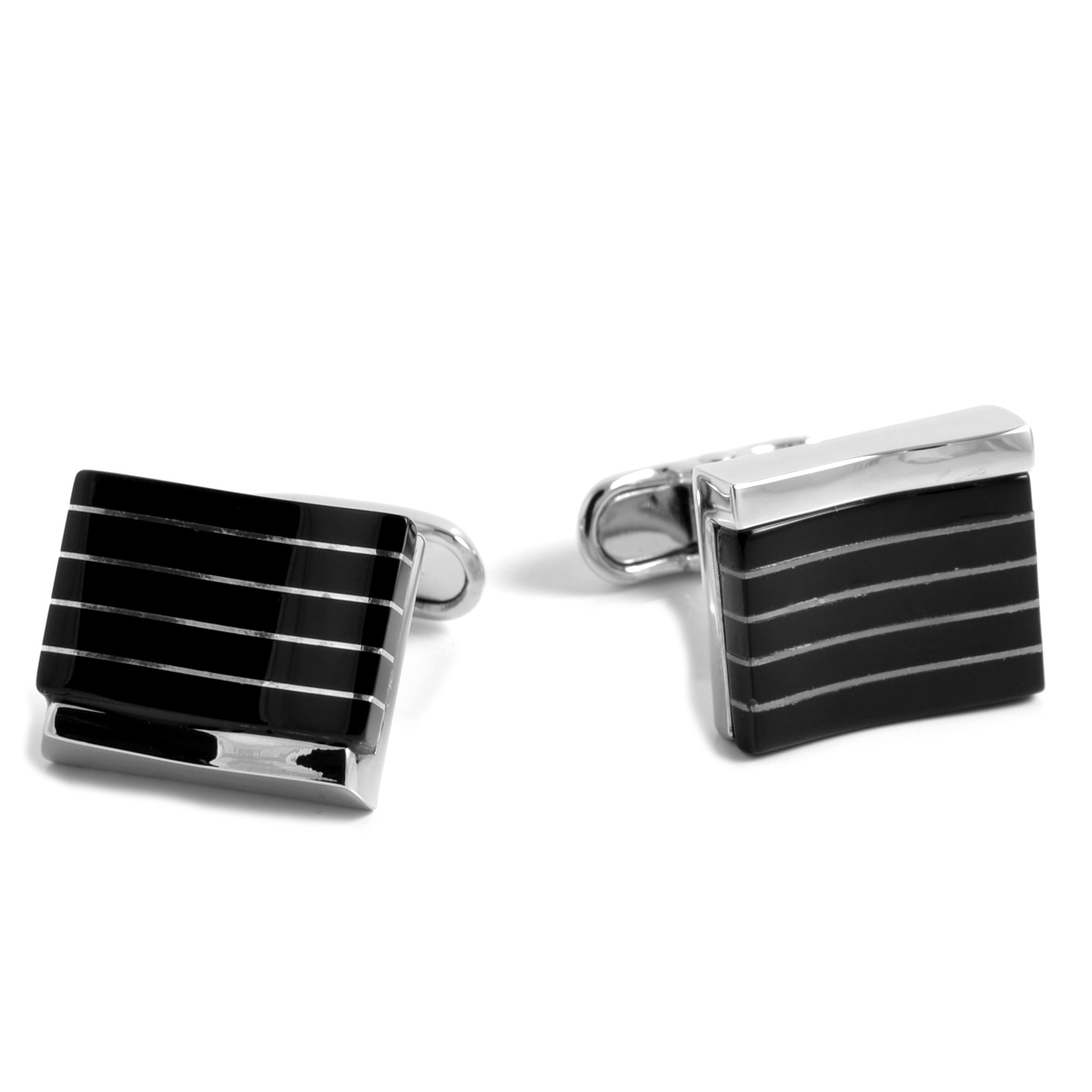 Square Silver-Tone & Black Stylish Wavy Cufflinks - 1