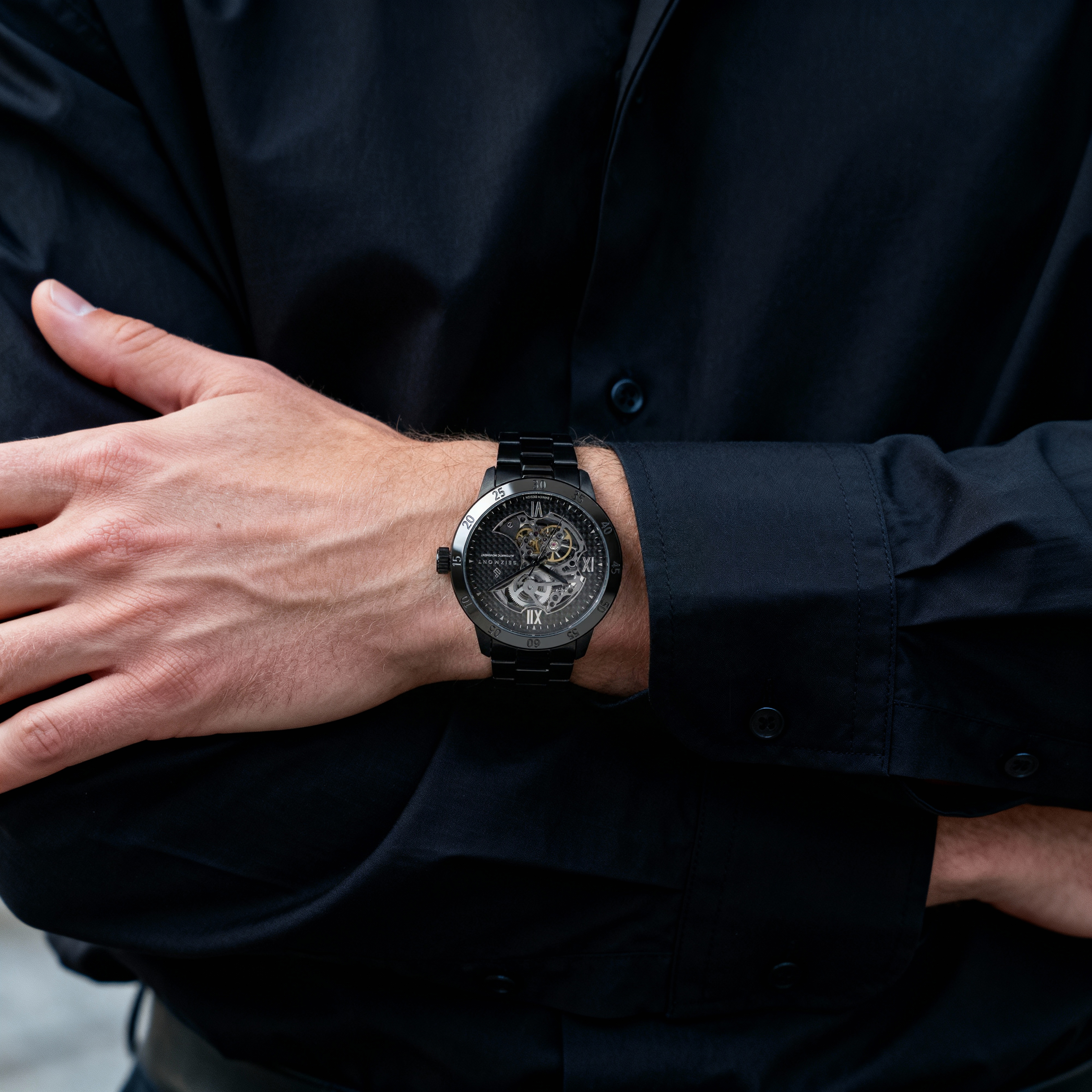Dante II | Black Skeleton Watch with Carbon Fibre Dial - 2