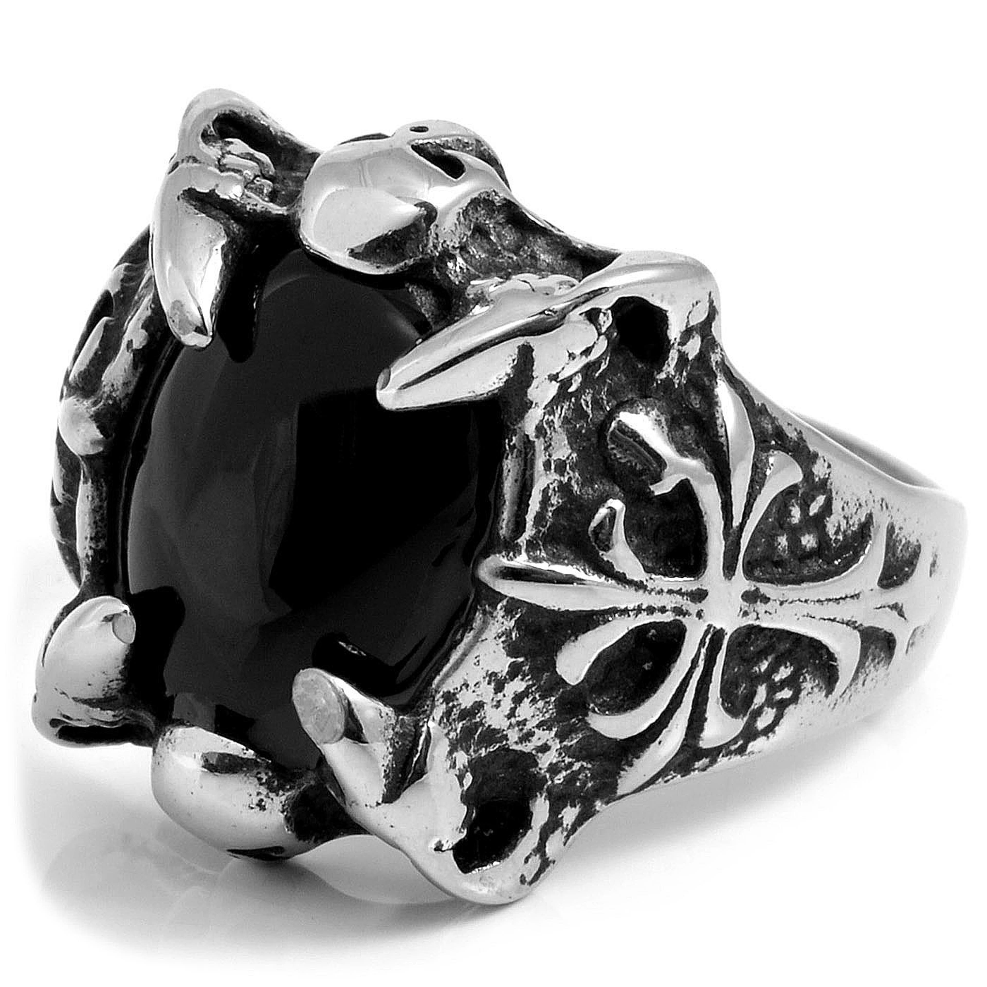 Silver-Tone Stainless Steel With Black Zirconia Skeleton Claw Ring