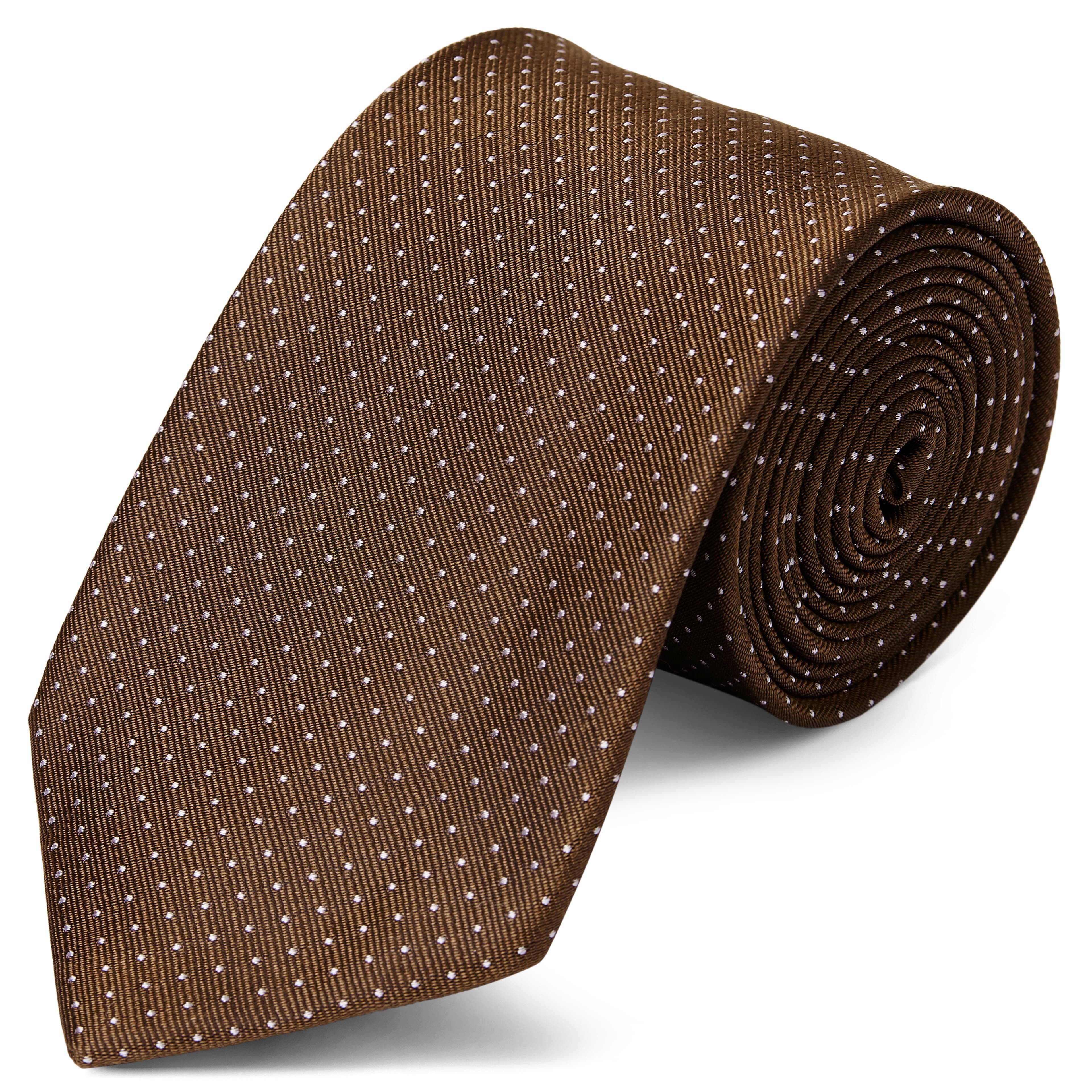 Hodvábna 8 cm hnedá kravata s bielymi bodkami