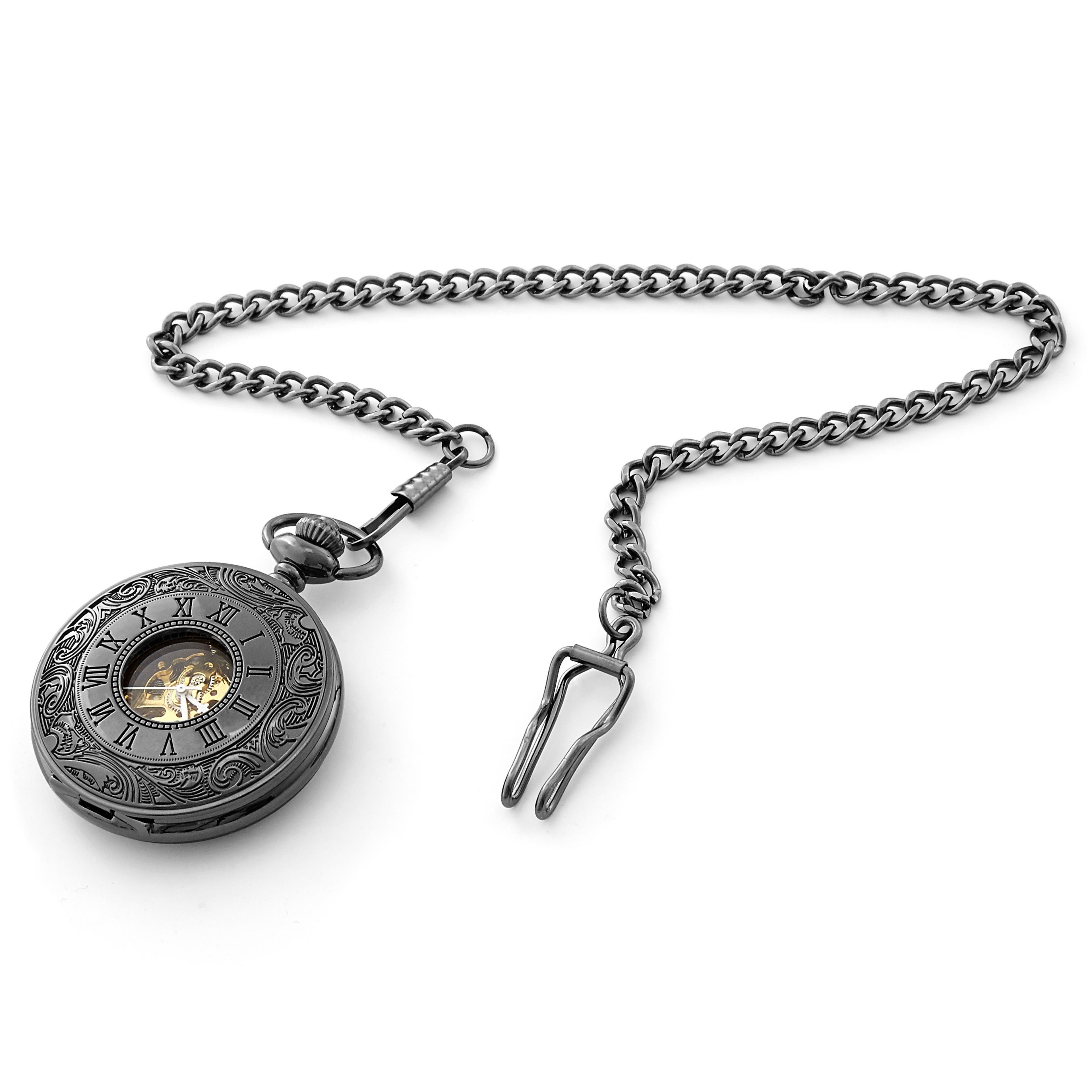 Black Ornate Skeleton Pocket Watch With Gold-Tone Movement & Black Cable Chain