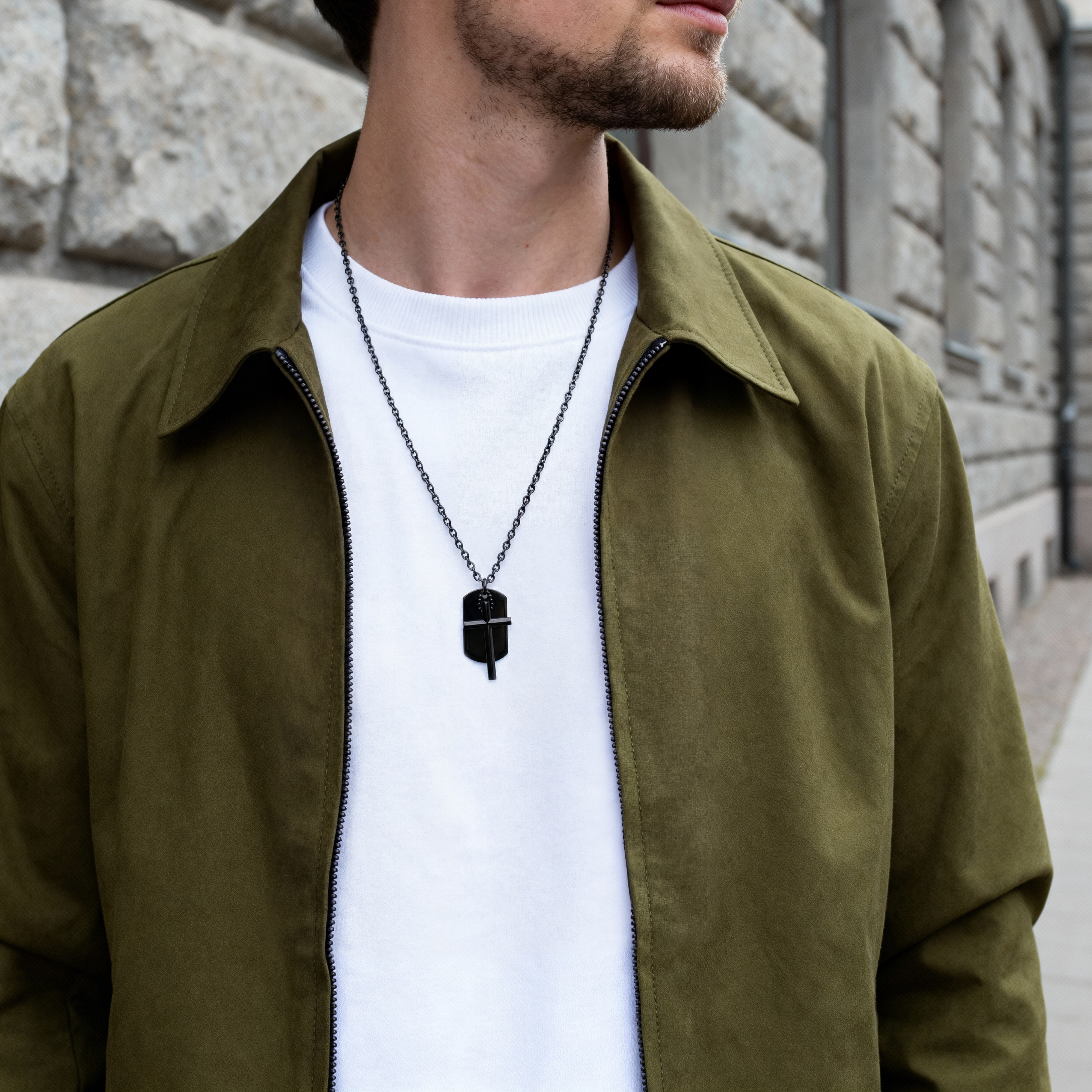 Stílusos keresztes és dögcédula fekete acél nyaklánc - 3